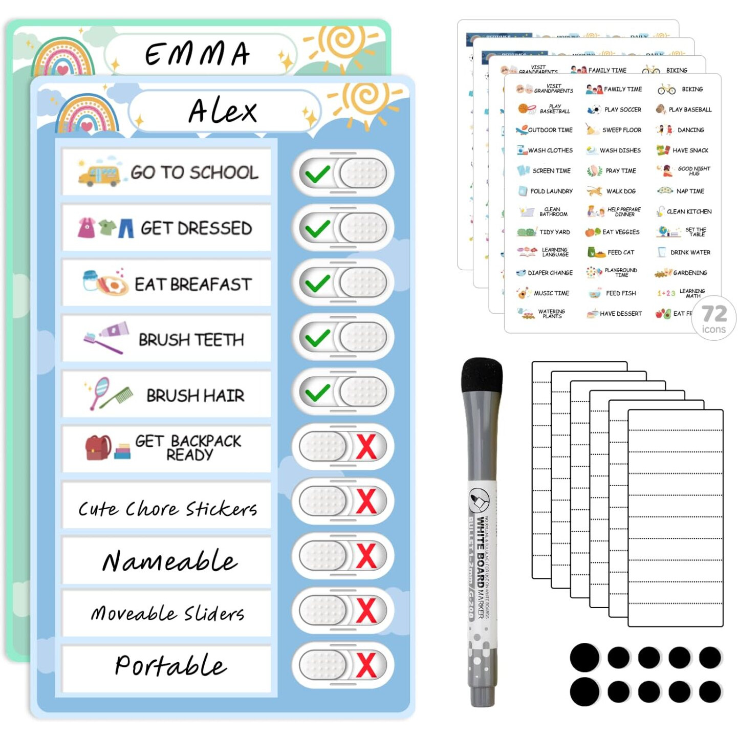 2 In 1 Namable Chore Chart For Kids  Dry Erase Morning/Bedtime Routine Chart For Kids For Refrigerator  Magnetic Visual Schedule For Kids Toddlers To Do List Checklist For Multiple Kids