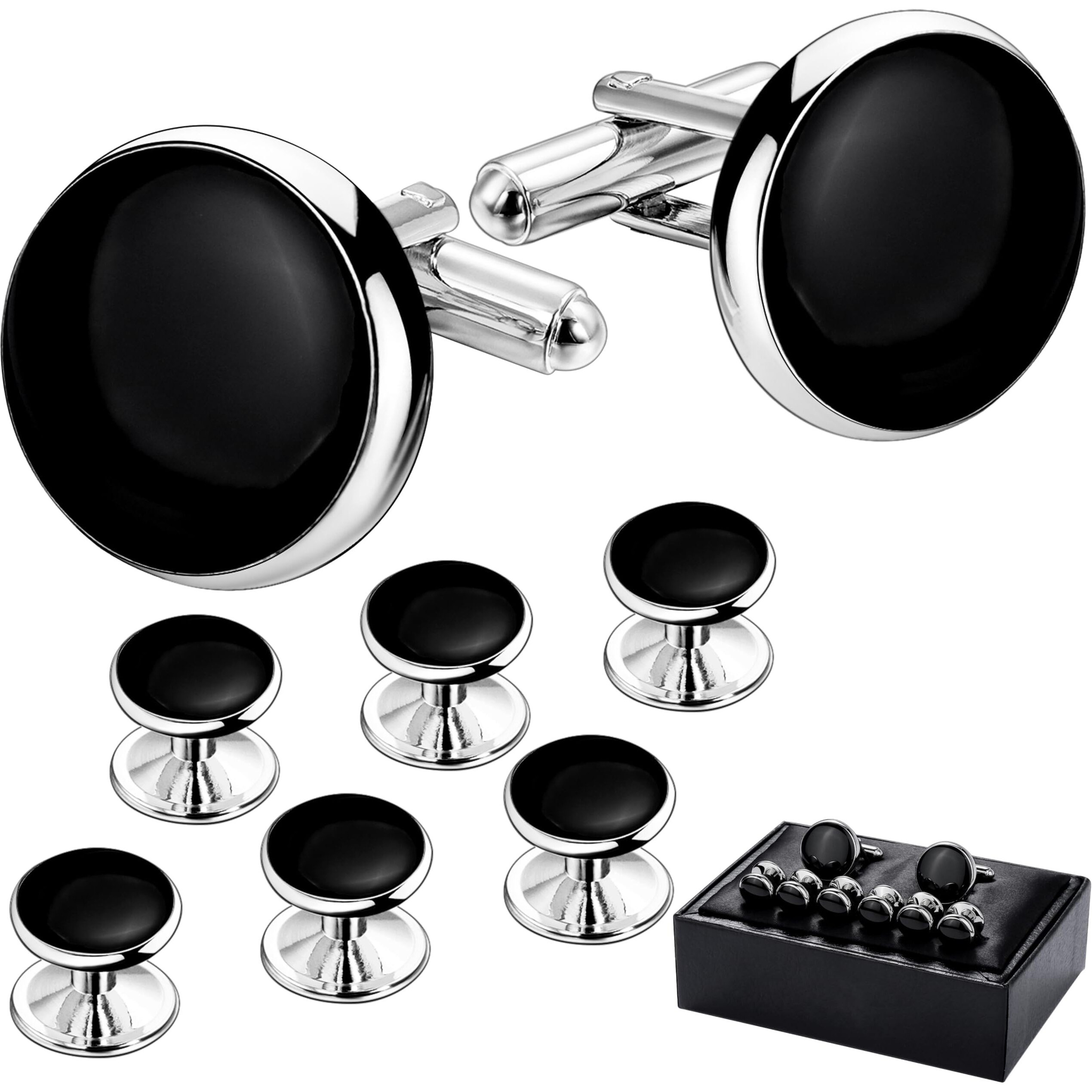 Mens Cufflinks And Tuxedo Studs Set With Gift Box Mens Jewelry Or Accessories Suitable For Black Suit White Shirts Vest And Red Bow Tie On Wedding Or Anniversary And Birthday