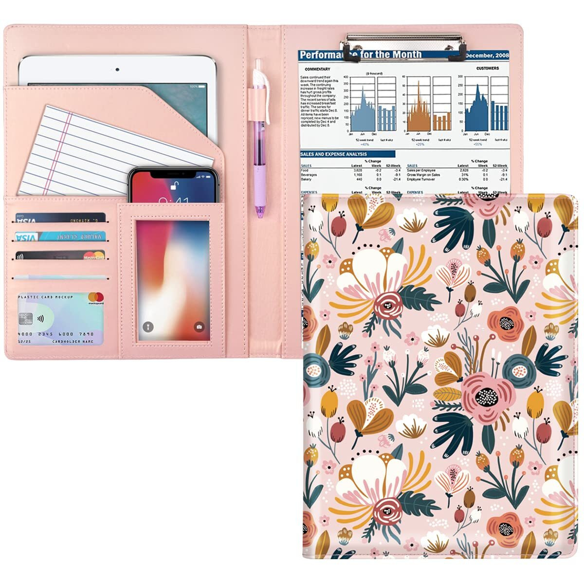 Waveyu Portfolio Case For Women  Cute Floral Padfolio Cover For Girls  Conference/Resume/Legal Document Organizer With Letter/A4 Size Clipboard Hardboard  Business Card Holders  Pink Flower