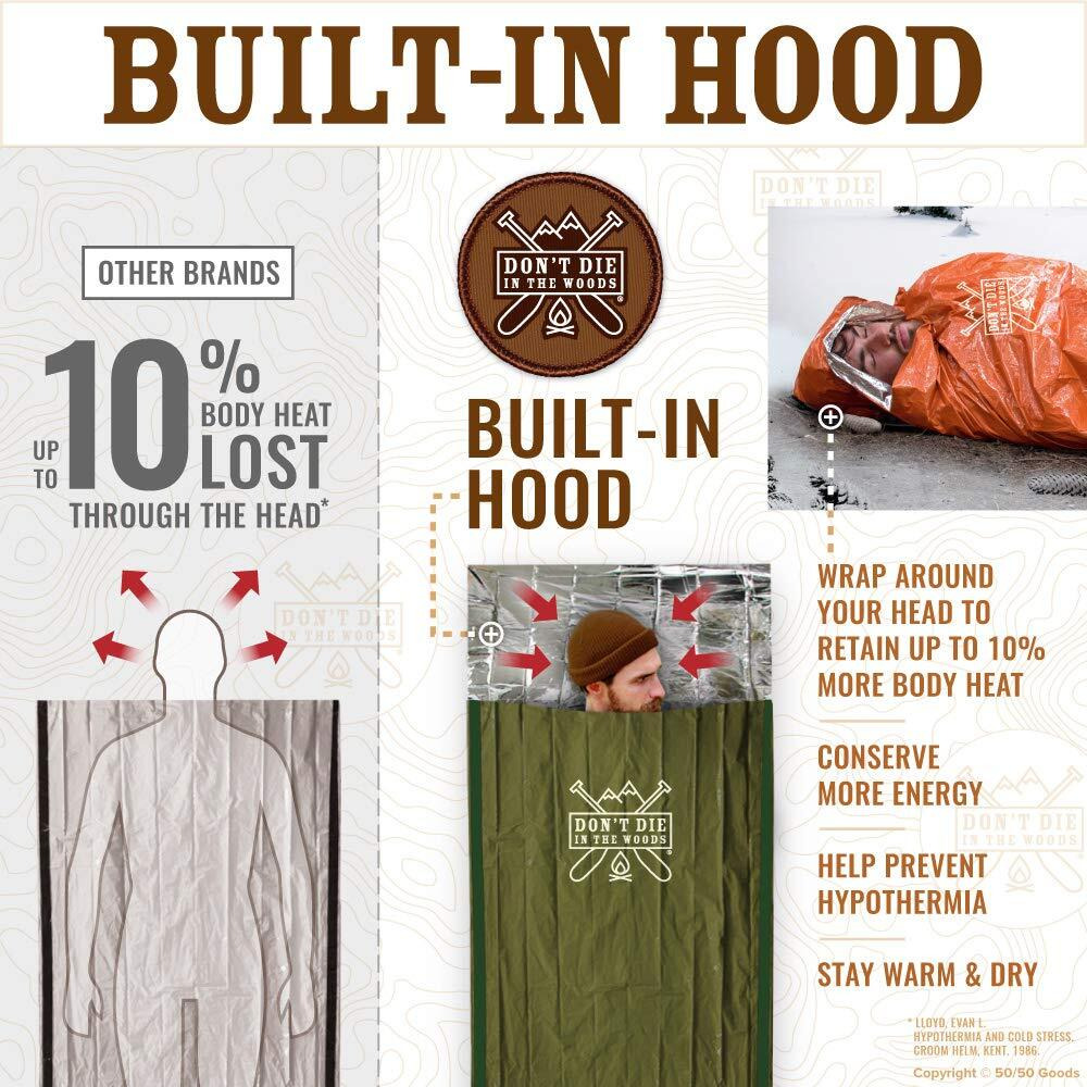Dont Die In The Woods - Worlds Toughest Survival Bivy [With Hood Extension] Extra-Thick Emergency Sleeping Bag With Ripstop Nylon Stuff Sack - Built With Space Blanket Thermal Mylar