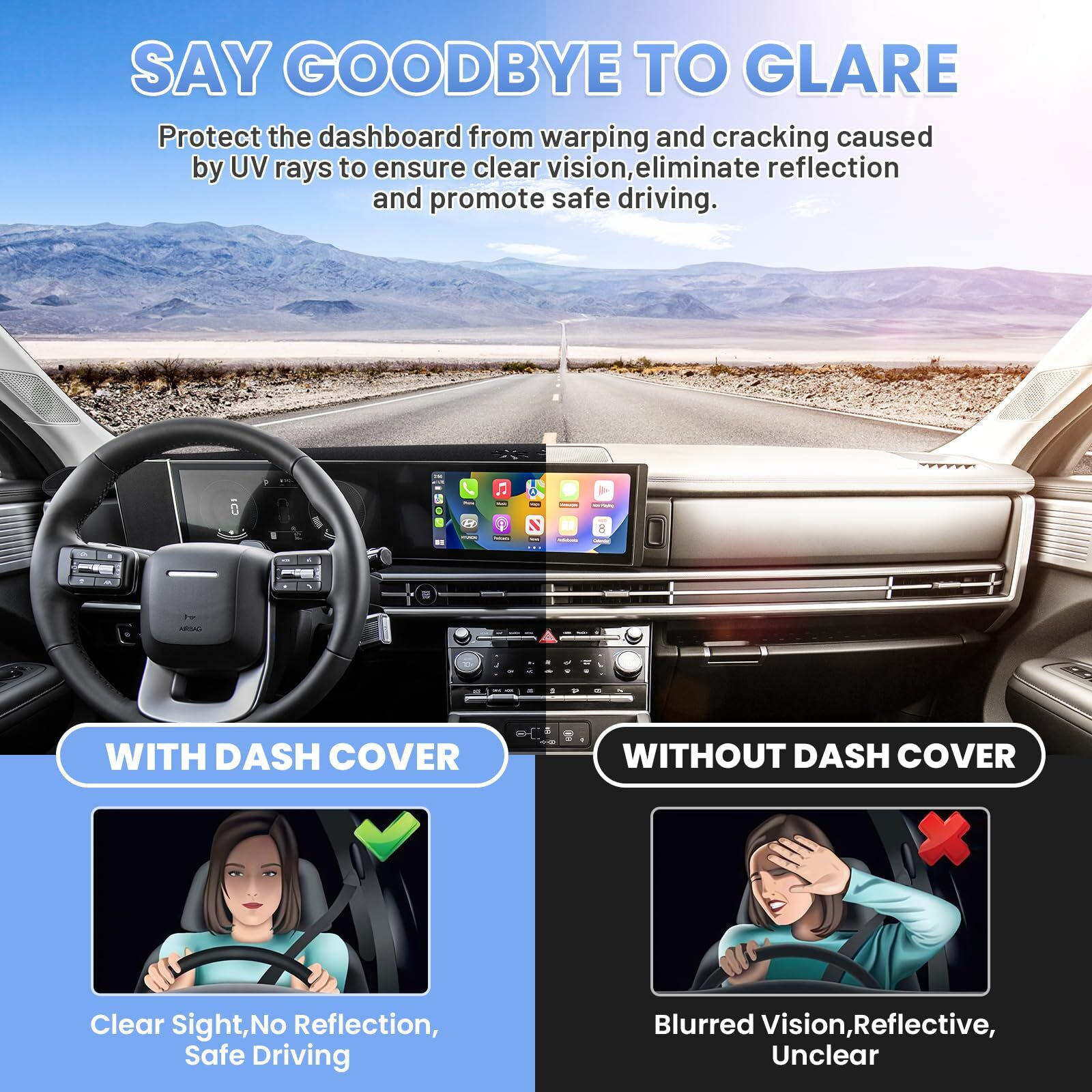 Sunsdrew Custom Fit Dash Cover For 2024 2025 Hyundai Santa Fe Mx5 Dashboard Cover Mat For Santa Fe Accessories Sunshade Nonslip Mesh Protector No Glare(With Hud)