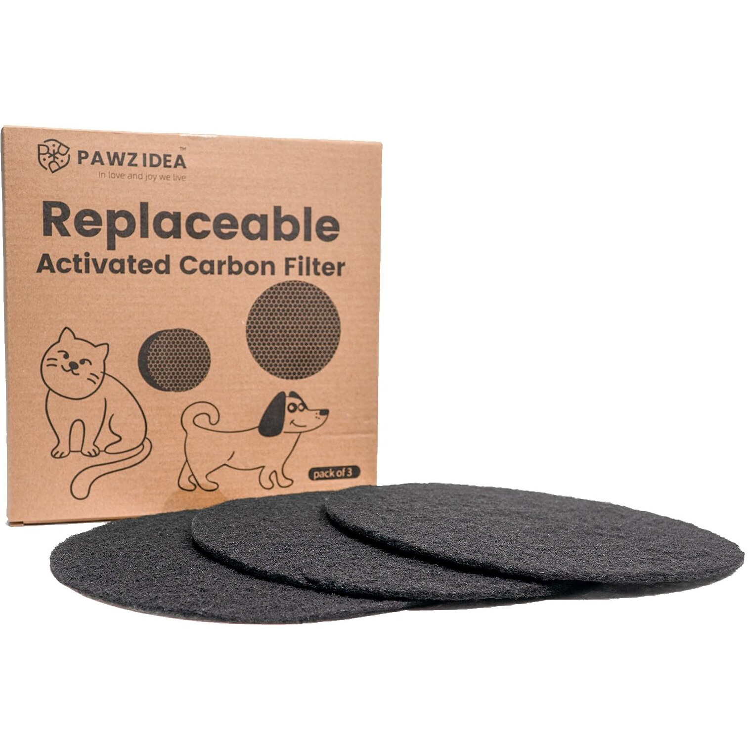 Pawzidea 3-Pack Replacement Activated Carbon Filter Outdoor Ready 3.1 Gallon Dog Poop Trash Can Brown/Black/Gray  7.8"" Round  1/5"" Thick Deodorizing Carbon Filters  Effective Odor Control