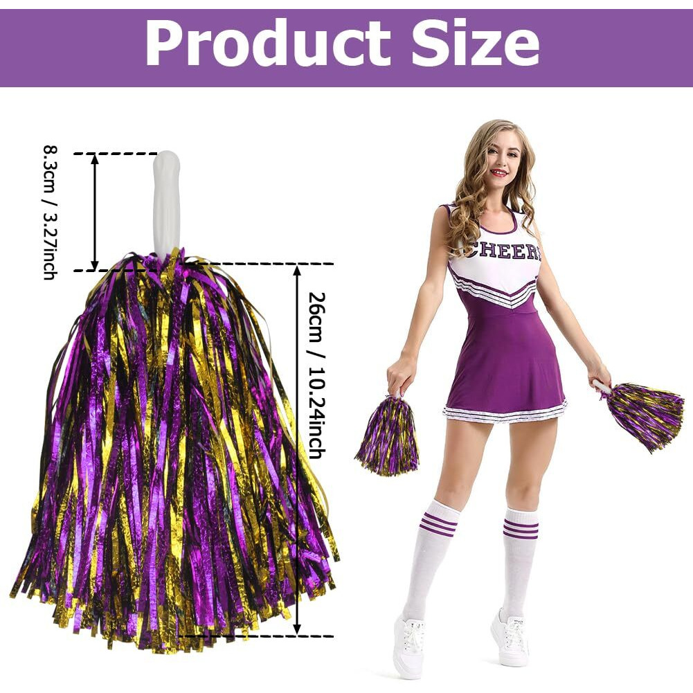 Hooshing 24Pcs Purple And Gold Pom Poms Cheerleading Metallic Foil With Baton Handle Cheerleader Pompoms For Sports Spirited Party Dancing Cheer Squads