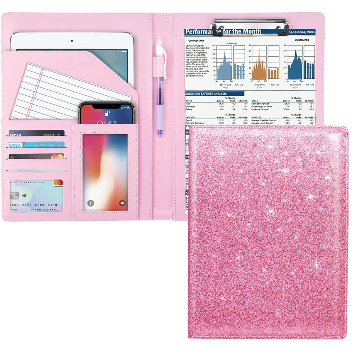 Waveyu Padfolio Business/Resume Portfolio Folder  Leather Interview Portfolio Business Portfolio Portfolio Organizer With Legal Pad Folder Clipboard Interview Folder For Men/Women  Glitter Pink