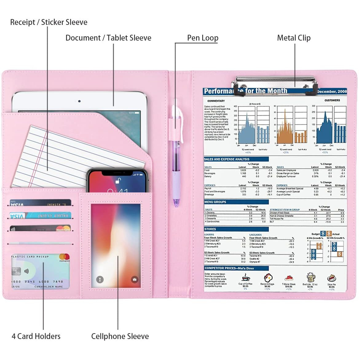 Waveyu Padfolio Business/Resume Portfolio Folder  Leather Interview Portfolio Business Portfolio Portfolio Organizer With Legal Pad Folder Clipboard Interview Folder For Men/Women  Glitter Pink