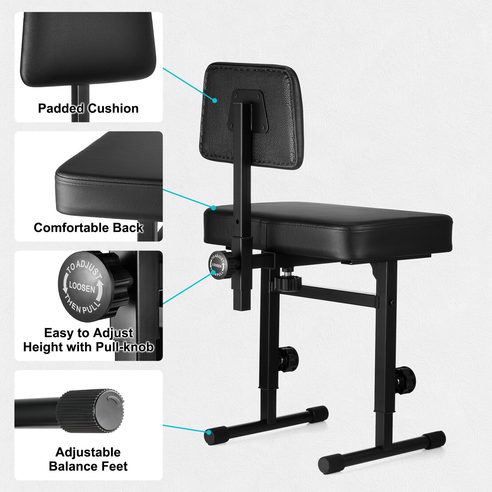 Tentoten Piano Bench Adjustable Height  Piano Chair With Padded Backrest Comfortable Piano Seat For Piano & Keyboard Bench For Musicians Piano Stool  Black
