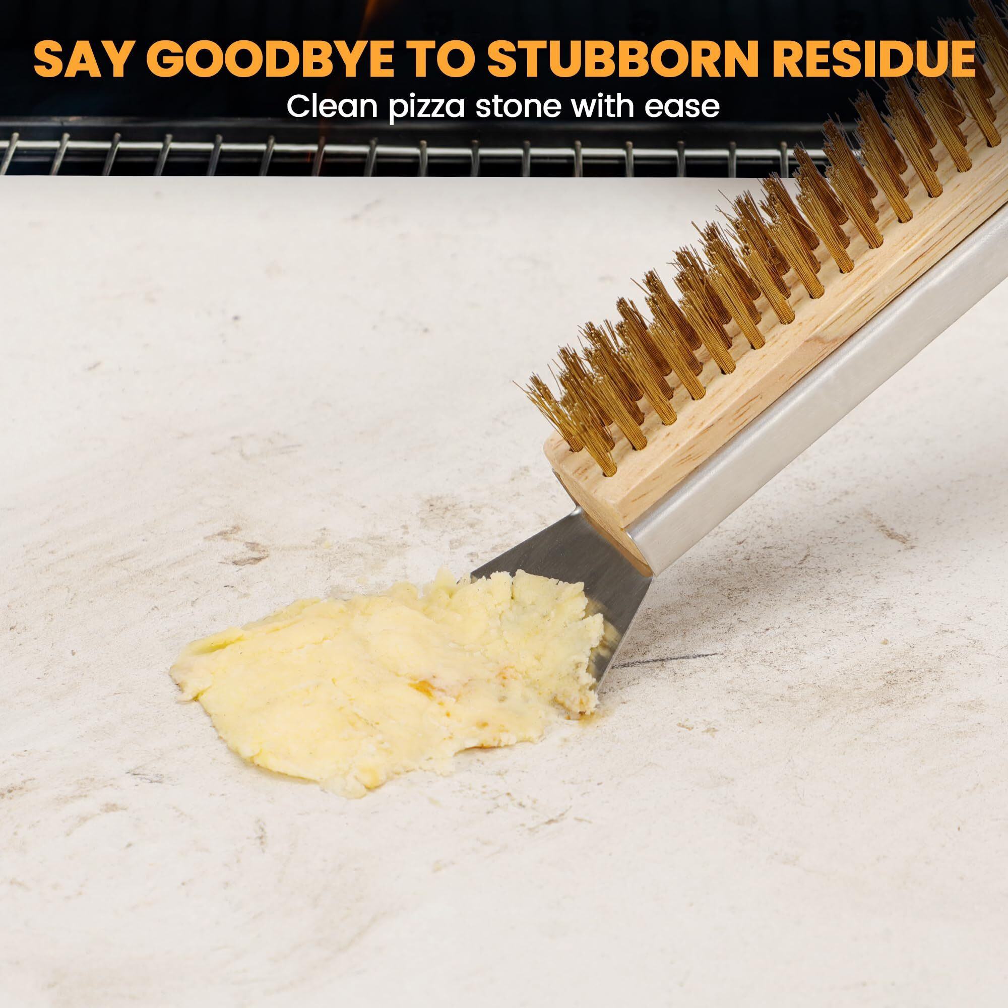 21'' Pizza Brush With Stainless Steel Stone Scraper - Brass Bristles - Wood Handle - Hanging Ring - Outdoor Pizza Oven Accessory - Compatible With Ooni  Gozney  Blackstone  Solo Stove Ovens