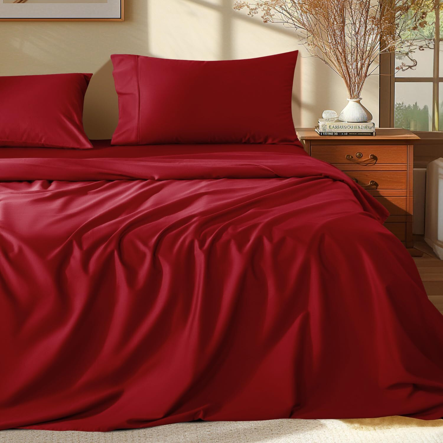 Shilucheng 100% Egyptian Cotton Queen Size Sheets Set - 1000 Thread Count Luxury Cotton Bed Sheets Breathable & Cooling Bedding And Pillow Cases  16 Inch Deep Pocket - 4 Piece (Burgundy  Queen)