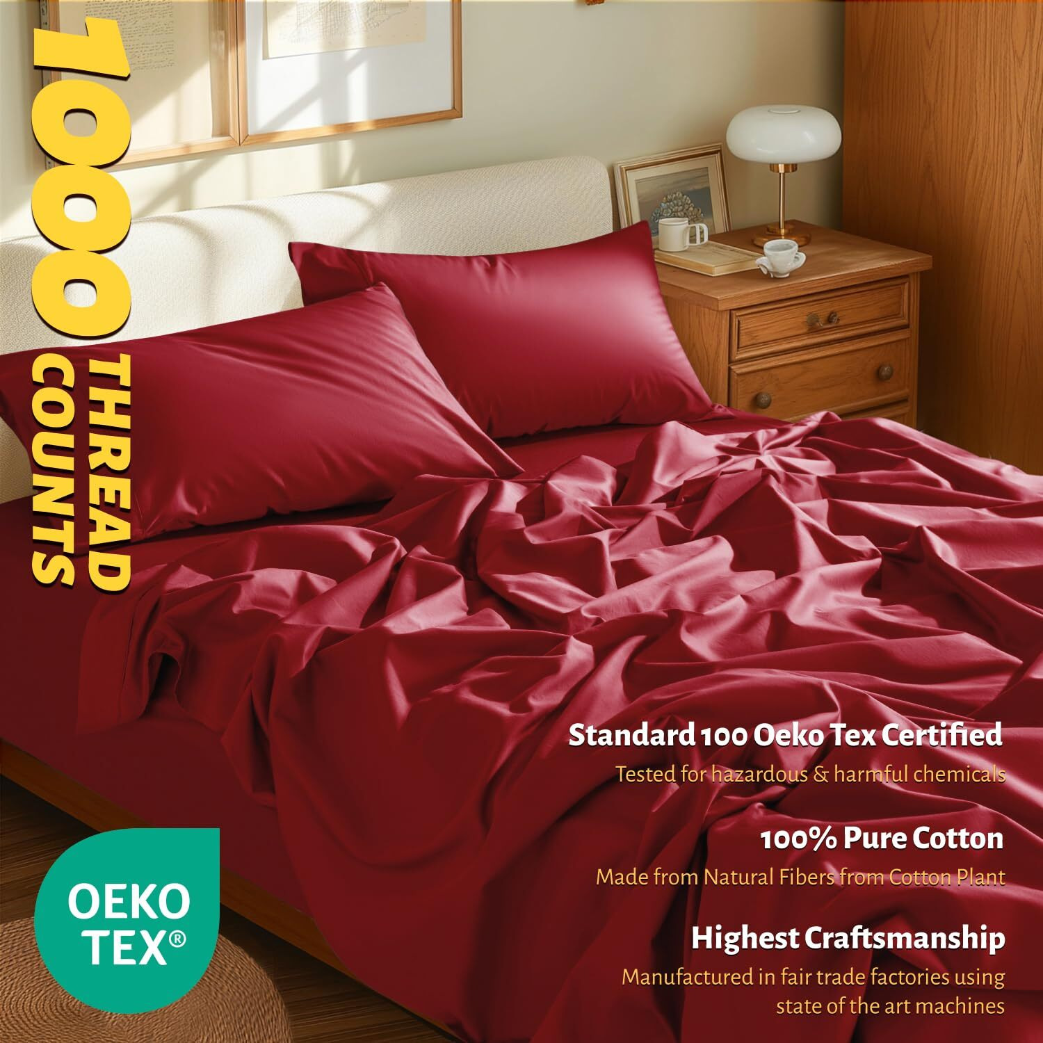 Shilucheng 100% Egyptian Cotton Queen Size Sheets Set - 1000 Thread Count Luxury Cotton Bed Sheets Breathable & Cooling Bedding And Pillow Cases  16 Inch Deep Pocket - 4 Piece (Burgundy  Queen)