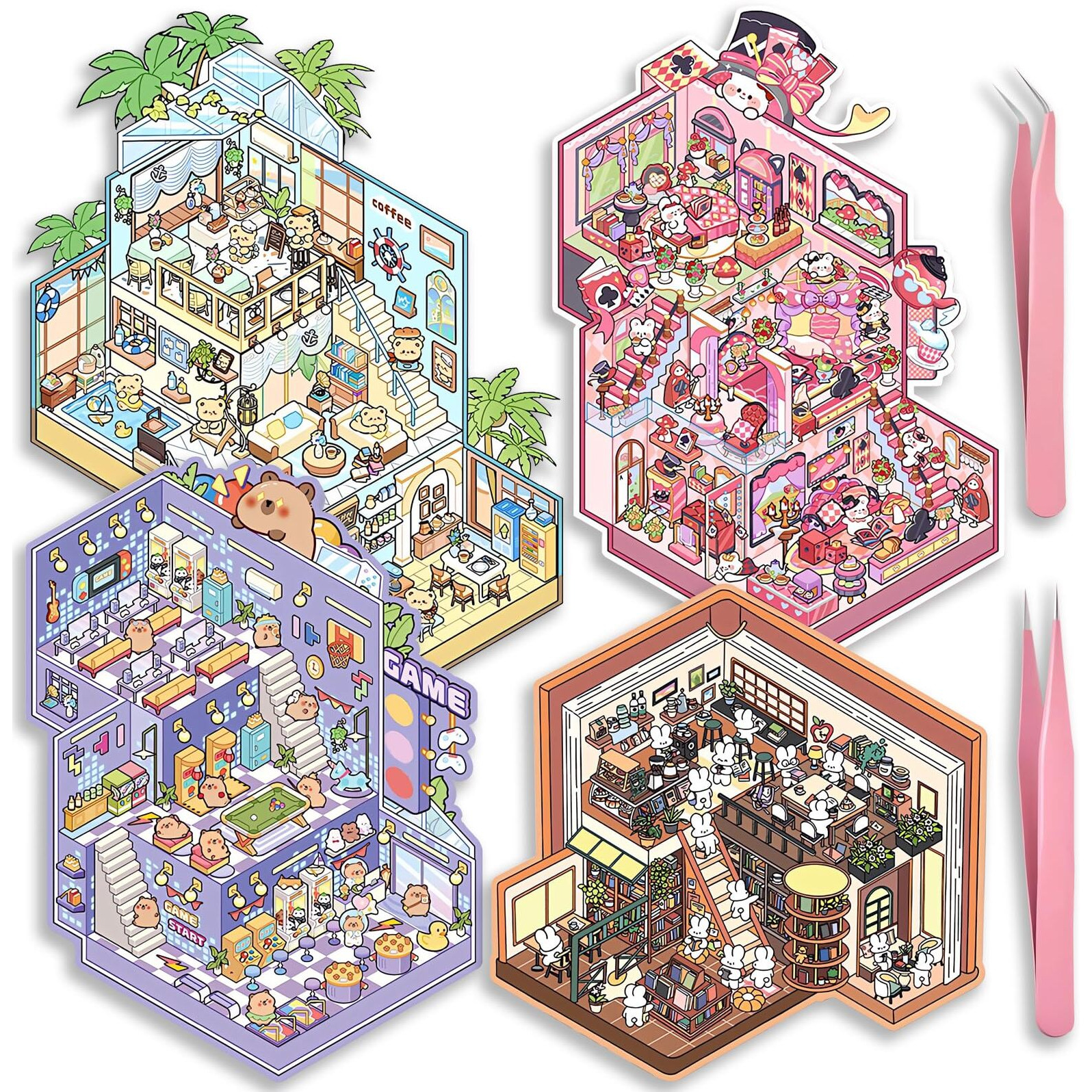 4 Sets Big Diy 3D Sticker Scene Isometric Miniature Room Stickers Book For Kids Adults Cute Make Your Own House Stickers For Gifts Paint By Sticker Third Floor Library Caf Castles Game Arcade (A Set)