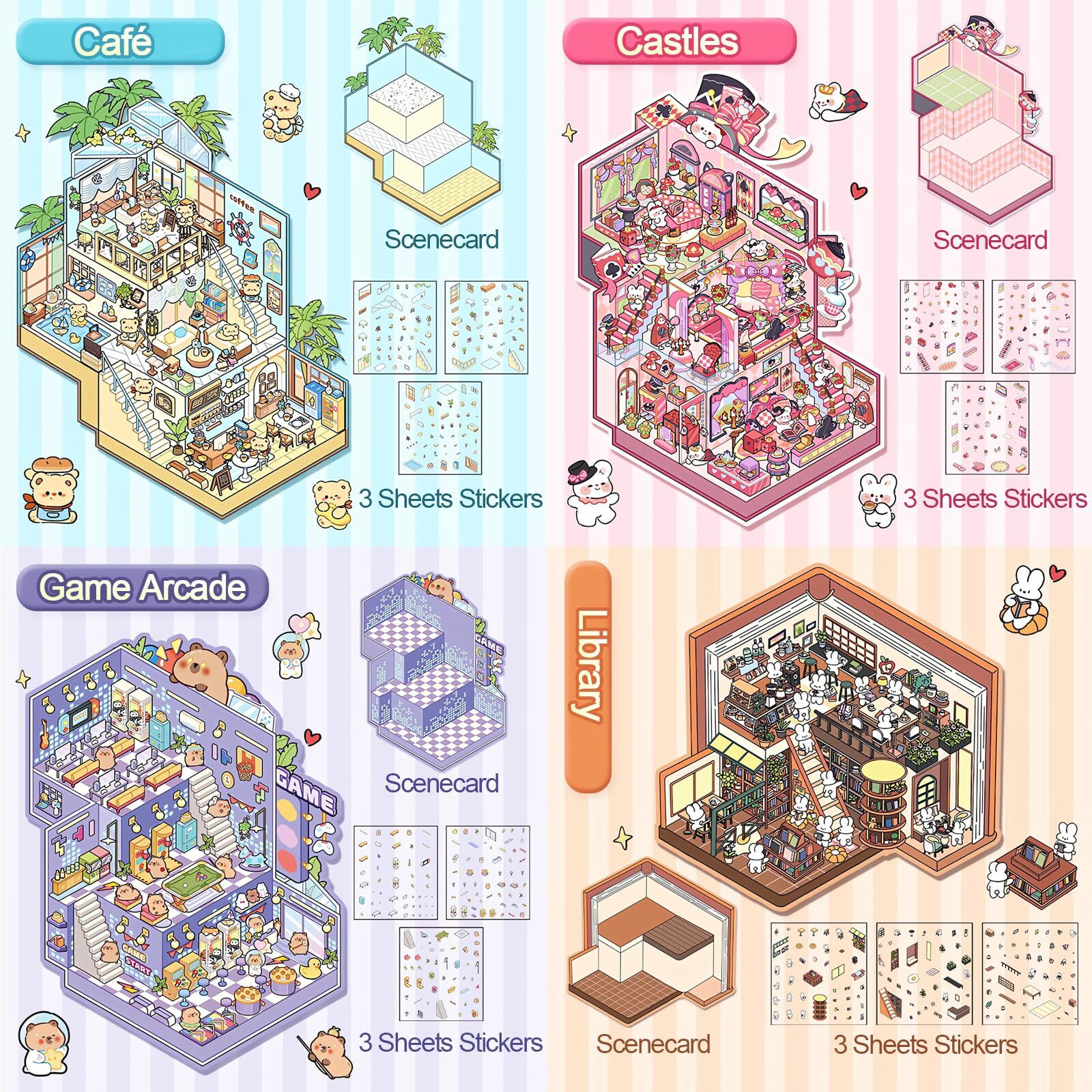 4 Sets Big Diy 3D Sticker Scene Isometric Miniature Room Stickers Book For Kids Adults Cute Make Your Own House Stickers For Gifts Paint By Sticker Third Floor Library Caf Castles Game Arcade (A Set)