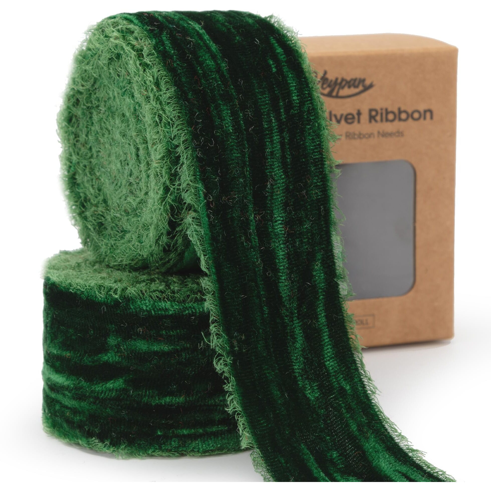 Keypan Green Velvet Ribbon 1-1/2 Inch X 6 Yd Crinkled Handmade Frayed Vintage Ribbons For Christmas Gift Wrapping Tree Home Decor Wreath Craft Ornaments