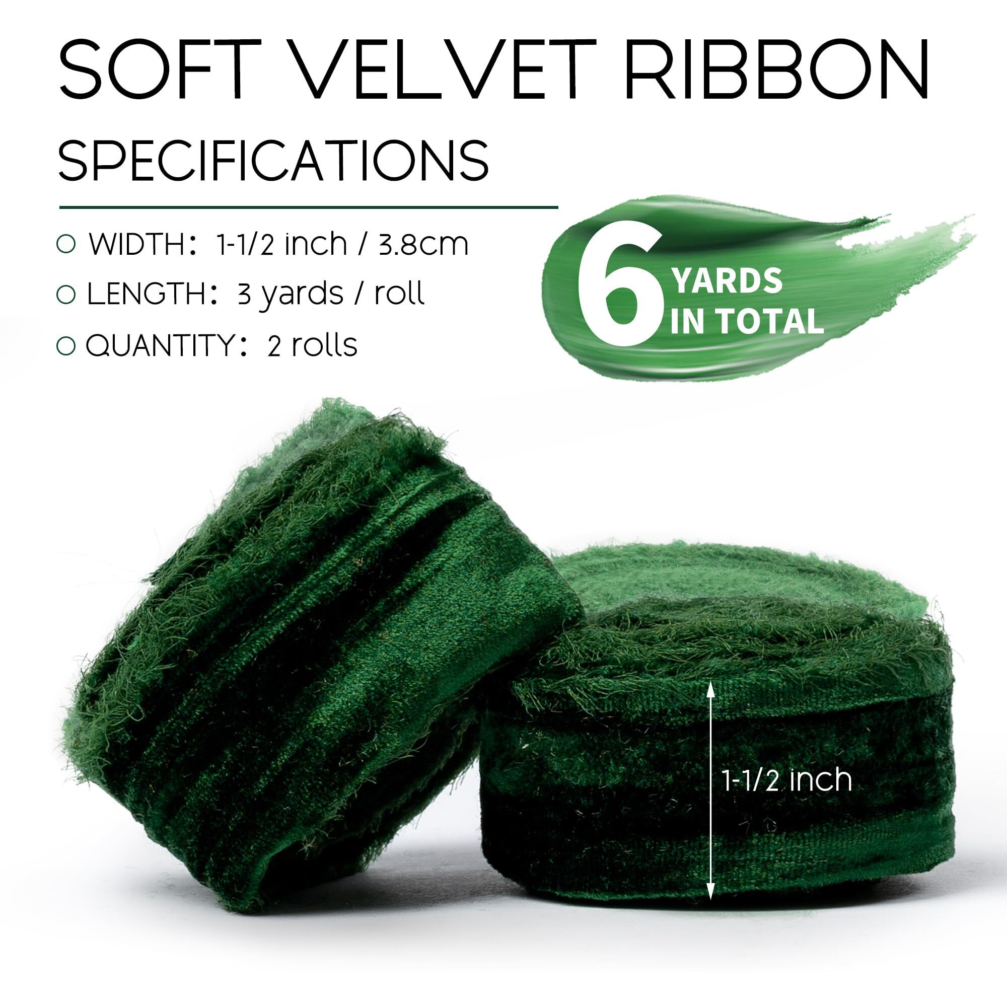 Keypan Green Velvet Ribbon 1-1/2 Inch X 6 Yd Crinkled Handmade Frayed Vintage Ribbons For Christmas Gift Wrapping Tree Home Decor Wreath Craft Ornaments