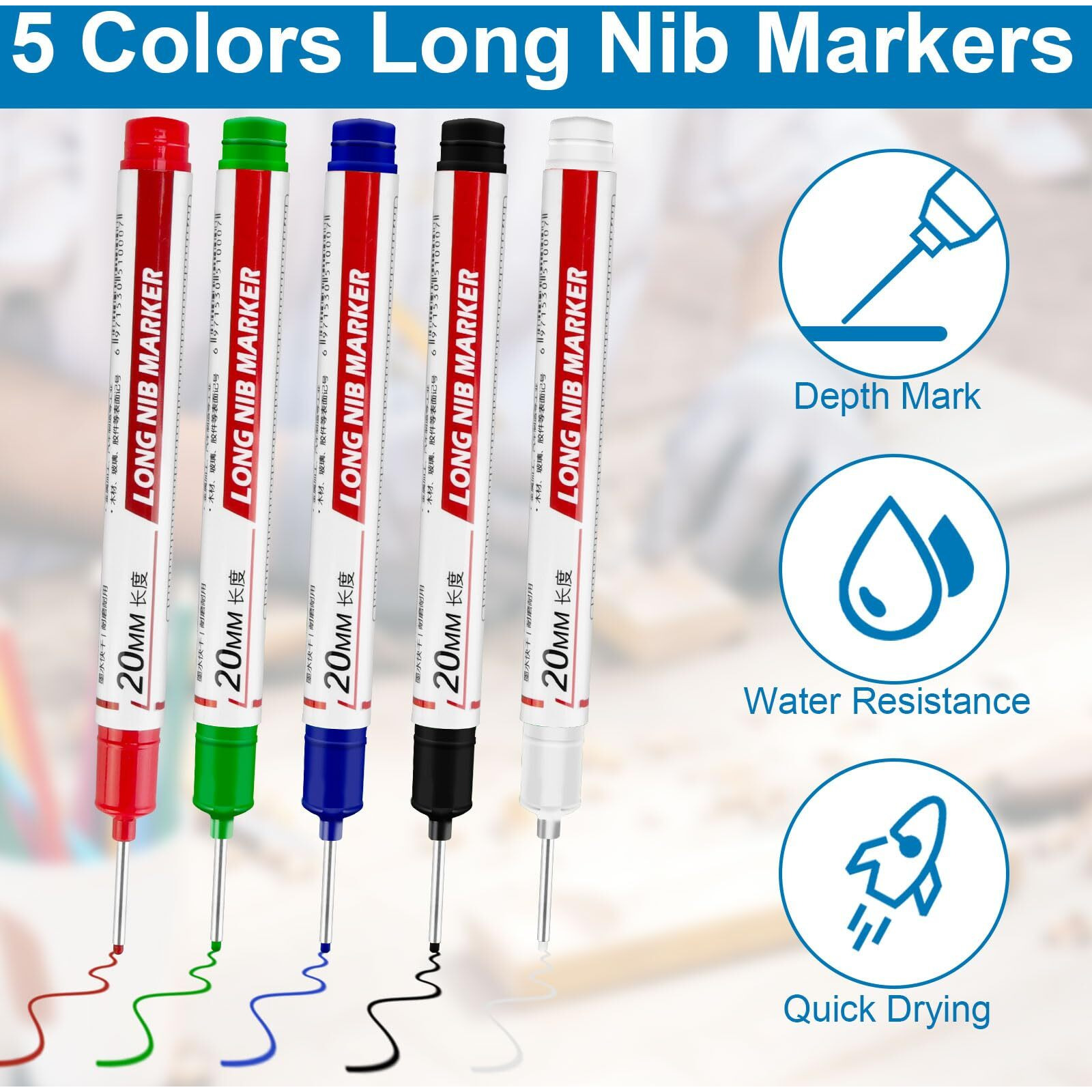 Csmgy 10 Pcs Long Head Deep Hole Marker - Long Nib Marker  Multi-Purpose Deep Hole Marker Pens  Quick Dry Waterproof Colorful Carpenter Pen Markers For Construction Bathroom Woodworking