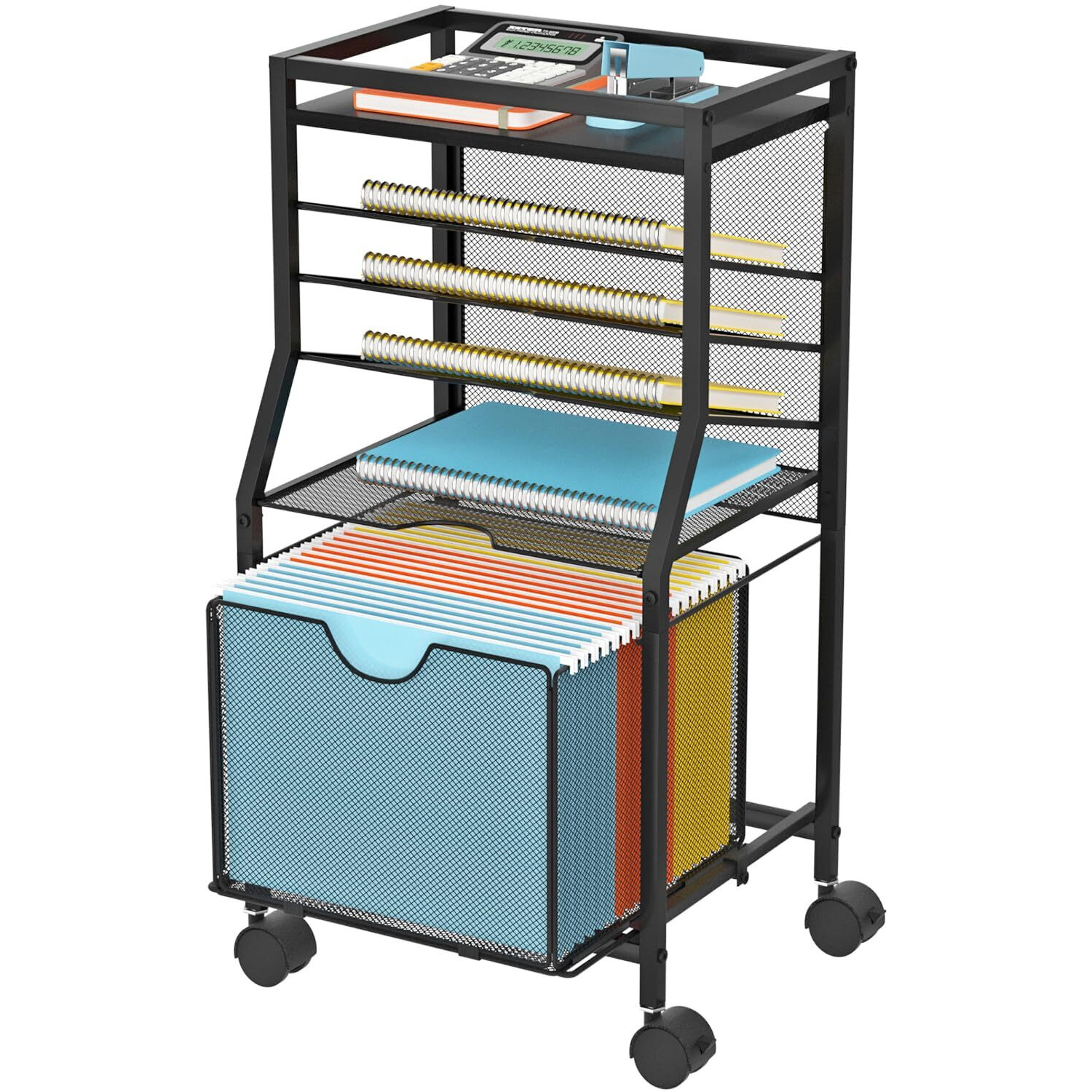 Bohdk Rolling File Cart  6-Tier Under Desk Organizer On Lockable Wheels  Black Wood Planks & Mesh File Cart With Sliding Drawer And Paper Trays For Office Home School  14.8"" L X 11.8"" D X 27.7"" H