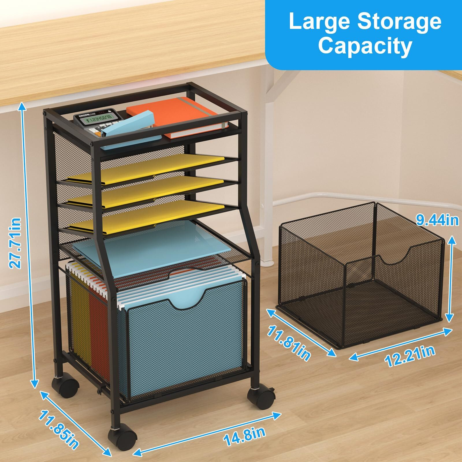 Bohdk Rolling File Cart  6-Tier Under Desk Organizer On Lockable Wheels  Black Wood Planks & Mesh File Cart With Sliding Drawer And Paper Trays For Office Home School  14.8"" L X 11.8"" D X 27.7"" H