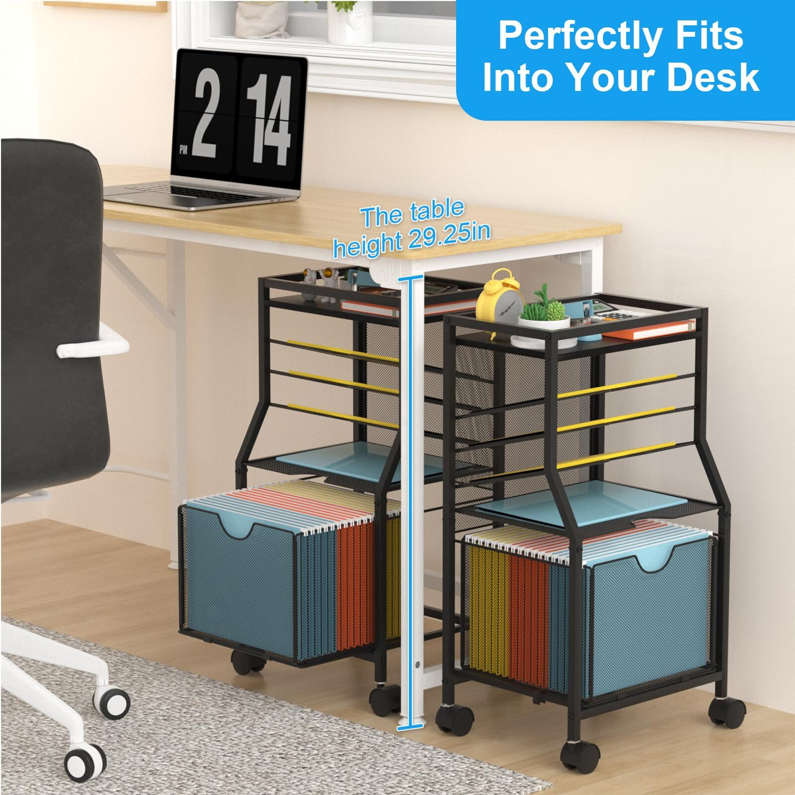 Bohdk Rolling File Cart  6-Tier Under Desk Organizer On Lockable Wheels  Black Wood Planks & Mesh File Cart With Sliding Drawer And Paper Trays For Office Home School  14.8"" L X 11.8"" D X 27.7"" H
