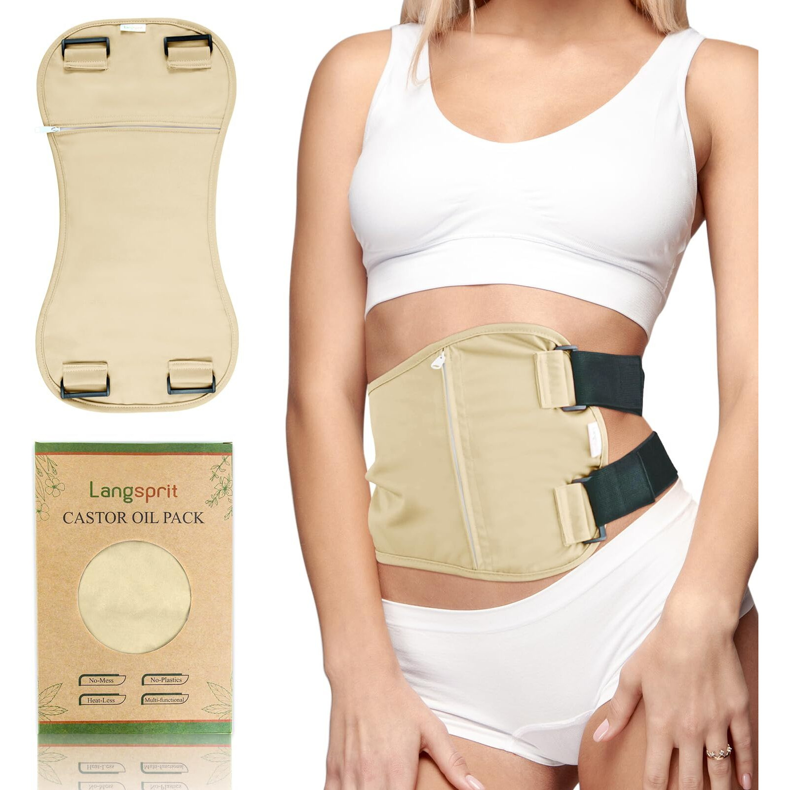 Langsprit Organic Cotton Castor Oil Pack Wrap - Reusable Castor Oil Pads Pack Compress For Liver & Stomach Detox - Beige