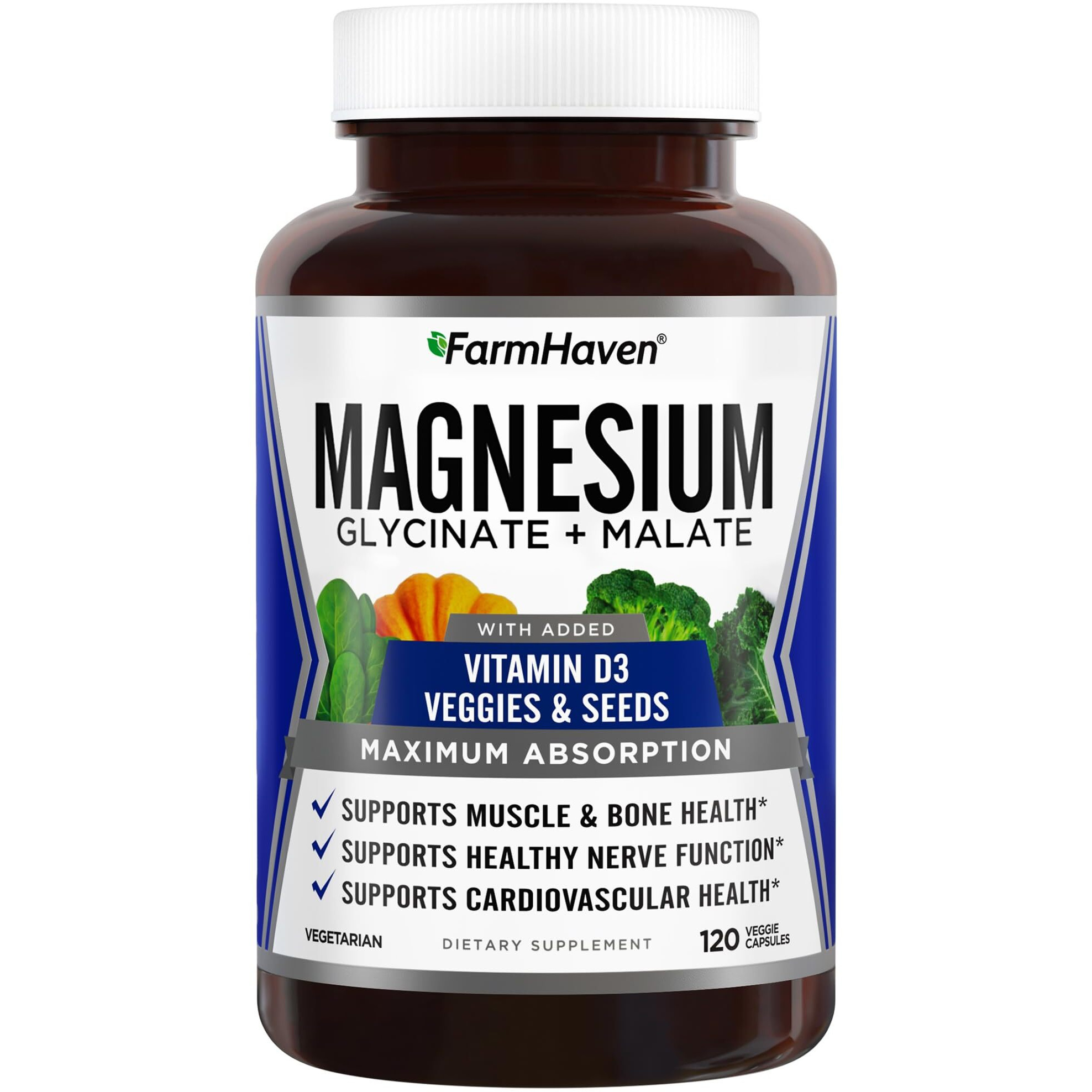 Farmhaven Magnesium Glycinate & Malate Complex W/Vitamin D3  100% Chelated For Max Absorption  Vegetarian - Bone Health  Nerves  Muscles  120 Capsules  60 Days