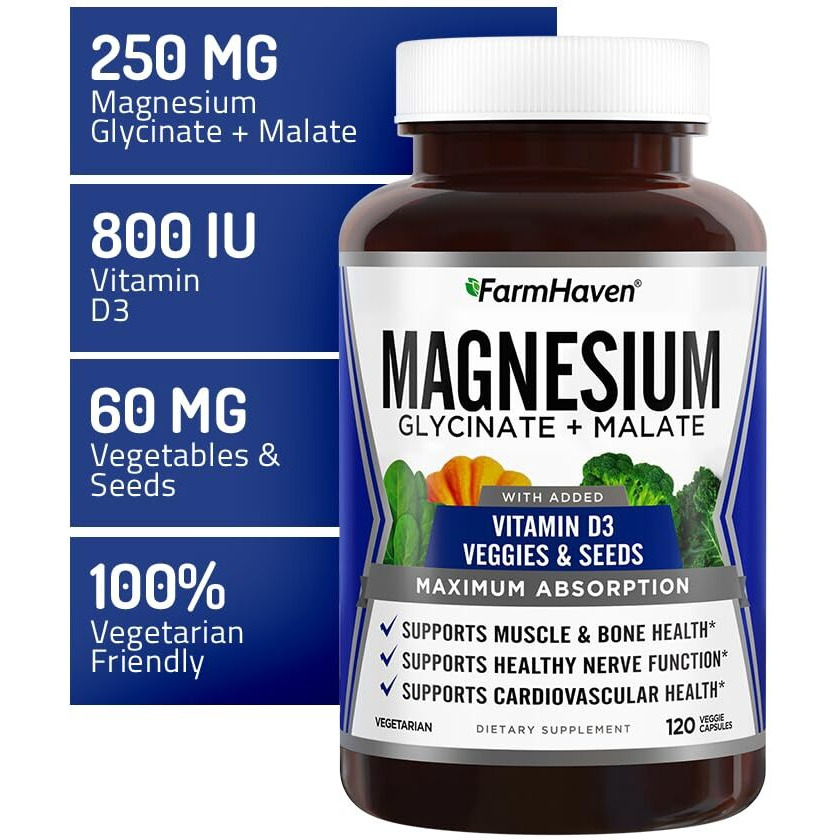 Farmhaven Magnesium Glycinate & Malate Complex W/Vitamin D3  100% Chelated For Max Absorption  Vegetarian - Bone Health  Nerves  Muscles  120 Capsules  60 Days