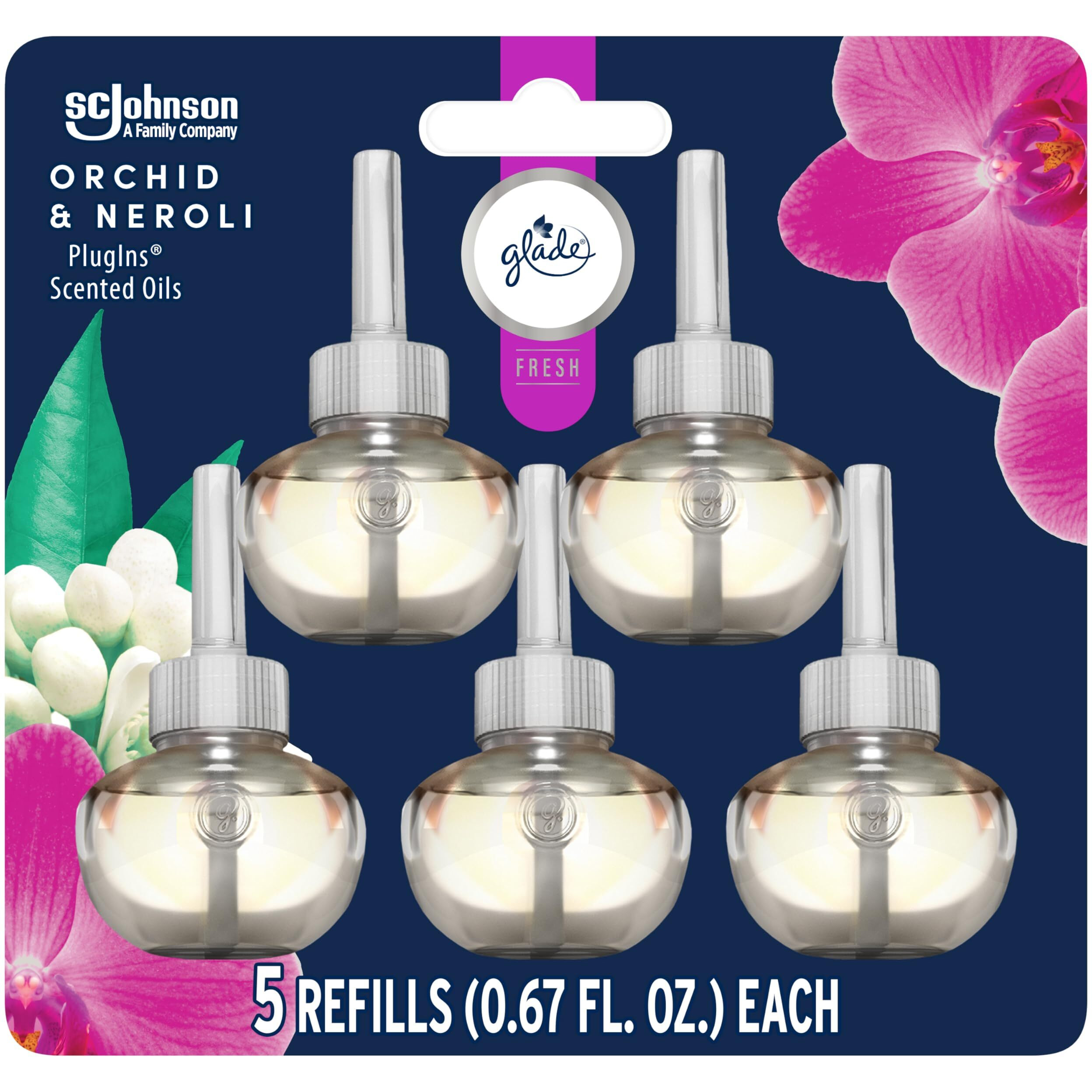 Glade Plugins Refills Air Freshener  Scented And Essential Oils For Home And Bathroom  Orchid & Neroli  Fresh Collection 3.35 Fl Oz  5 Count