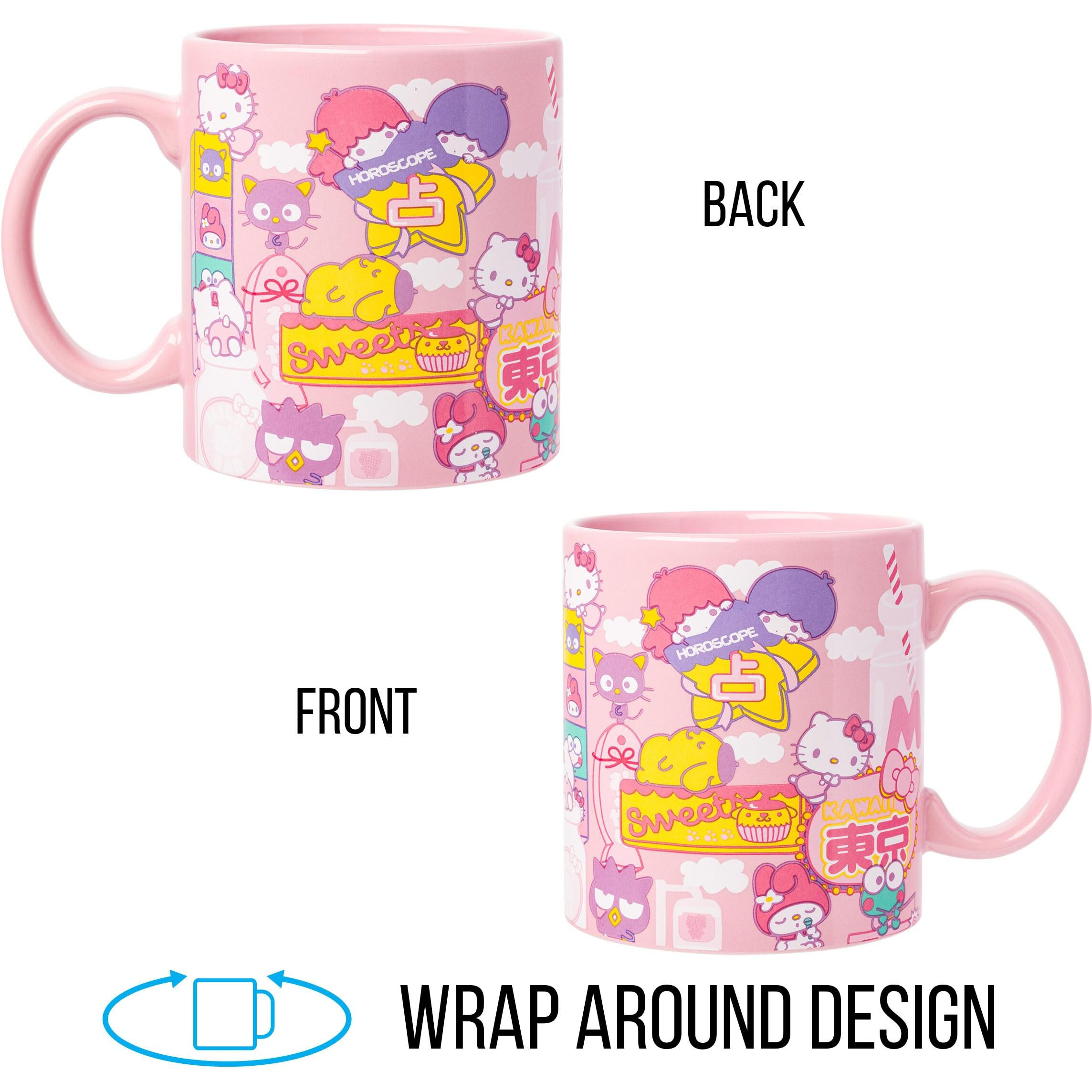 Silver Buffalo Sanrio Hello Kitty And Friends Kawaii Tokyo Theme Featuring Little Twin Stars  Chococat  My Melody  Keroppi  Badtz-Maru  And Pompompurin Ceramic Mug  20 Ounces