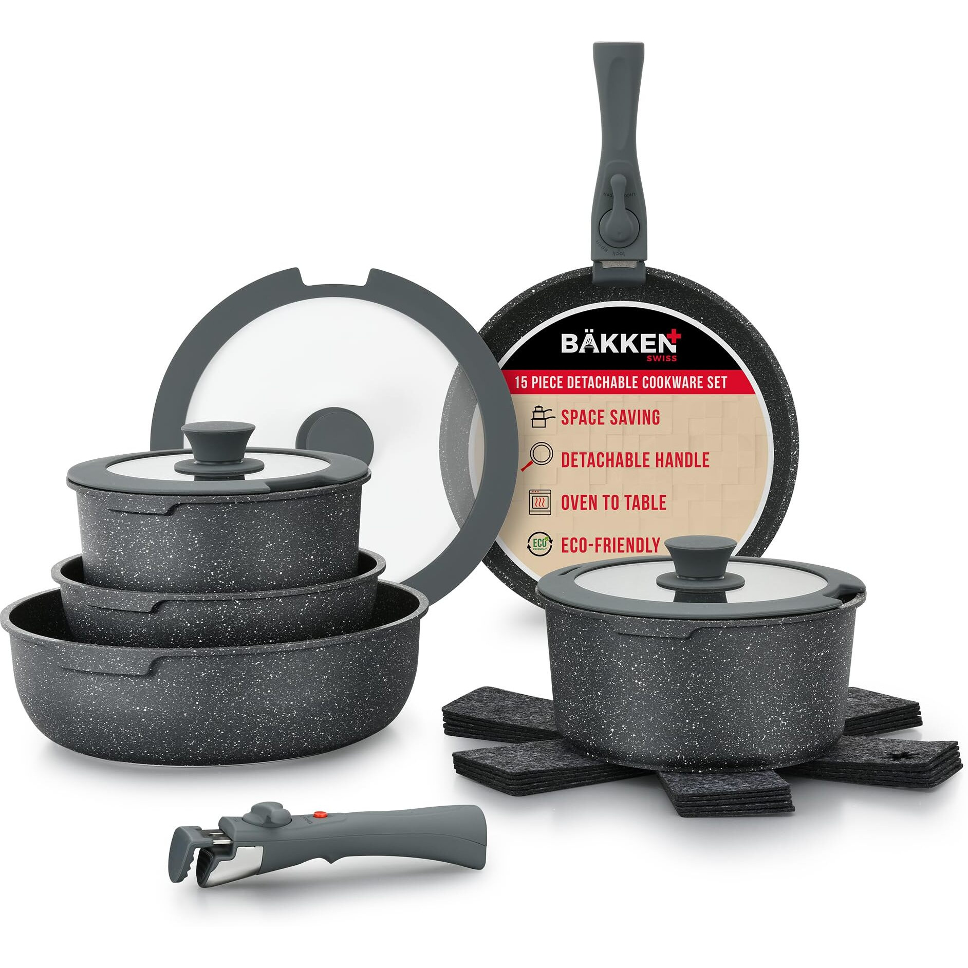 Bakken 15-Piece Non-Stick Cookware Set With Detachable Handles - Granite Stackable Pots And Pans Set  Dishwasher Safe  Oven-Safe  And Compatible Kitchen Essential For All Stoves - Black Granite.