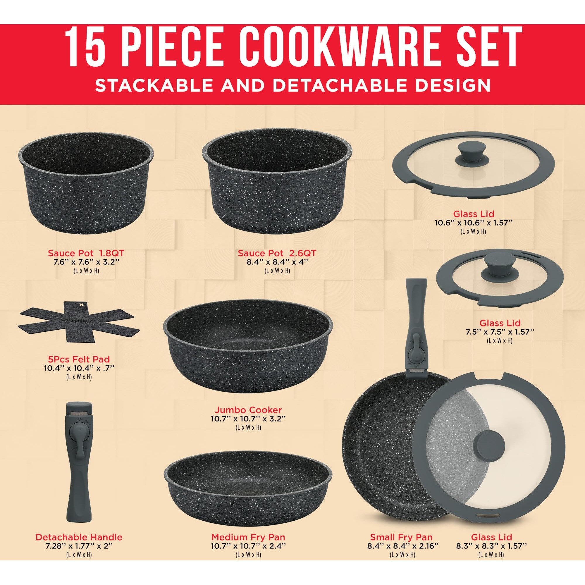 Bakken 15-Piece Non-Stick Cookware Set With Detachable Handles - Granite Stackable Pots And Pans Set  Dishwasher Safe  Oven-Safe  And Compatible Kitchen Essential For All Stoves - Black Granite.