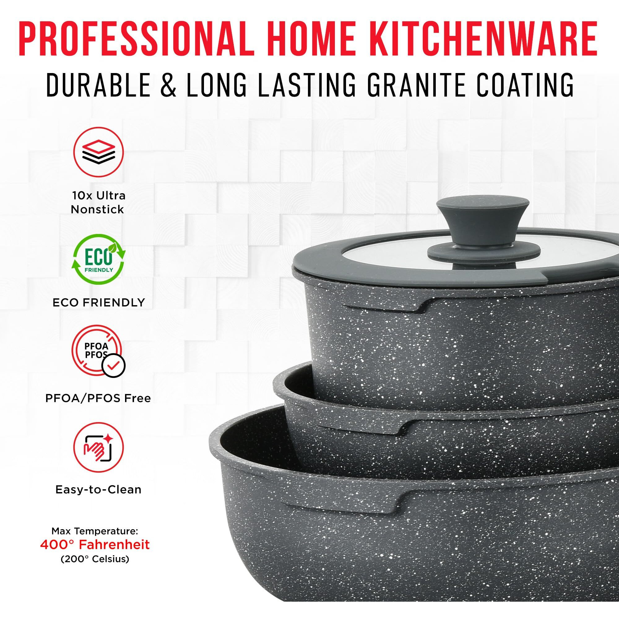 Bakken 15-Piece Non-Stick Cookware Set With Detachable Handles - Granite Stackable Pots And Pans Set  Dishwasher Safe  Oven-Safe  And Compatible Kitchen Essential For All Stoves - Black Granite.