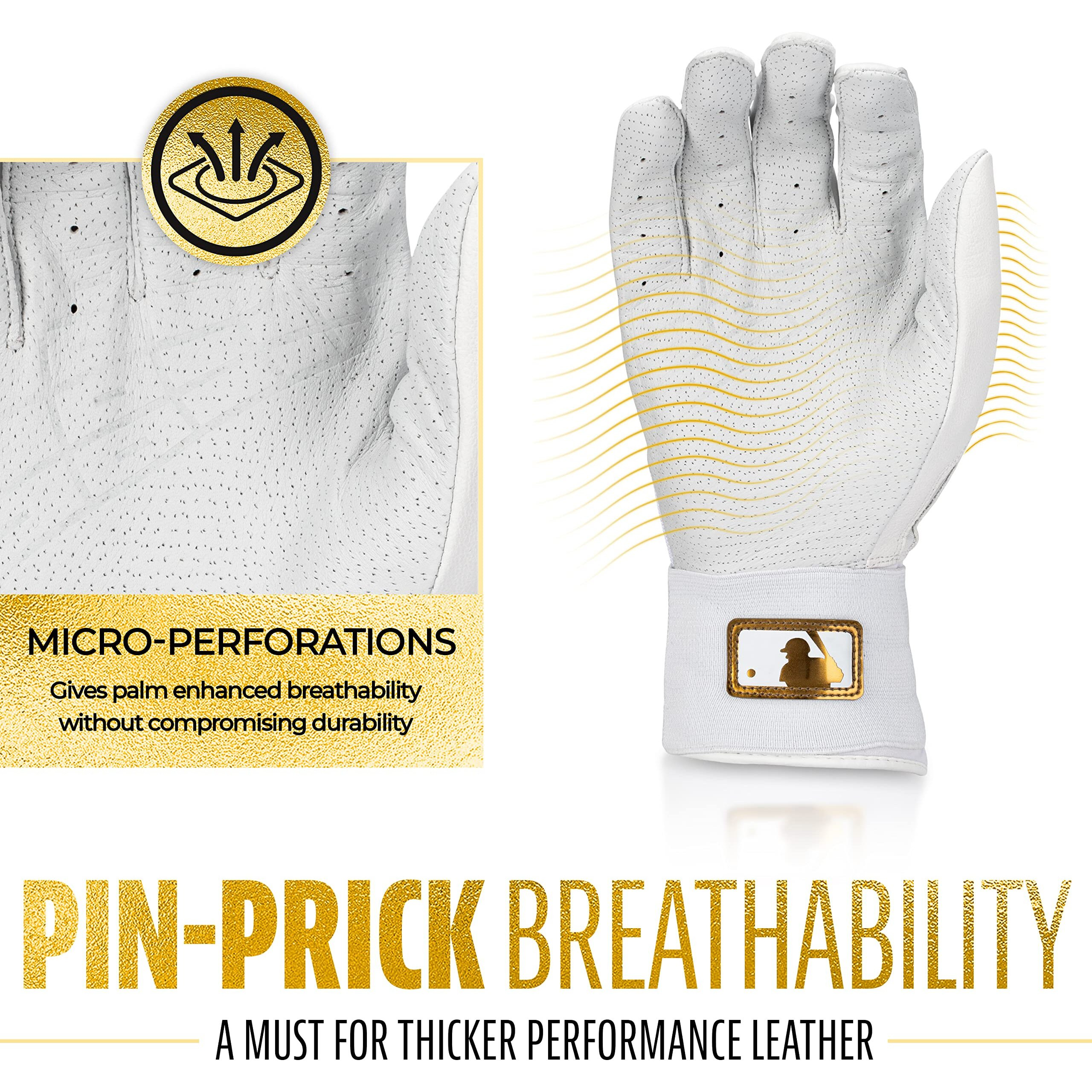 Franklin Sports Mlb Batting Gloves - Infinite Powerstrap Baseball + Softball Batting Gloves - Durable Full Wrap Cage Practice Gear - Long Cuff Wrist + Heavy Duty Leather - Adult Xl - White + Gold