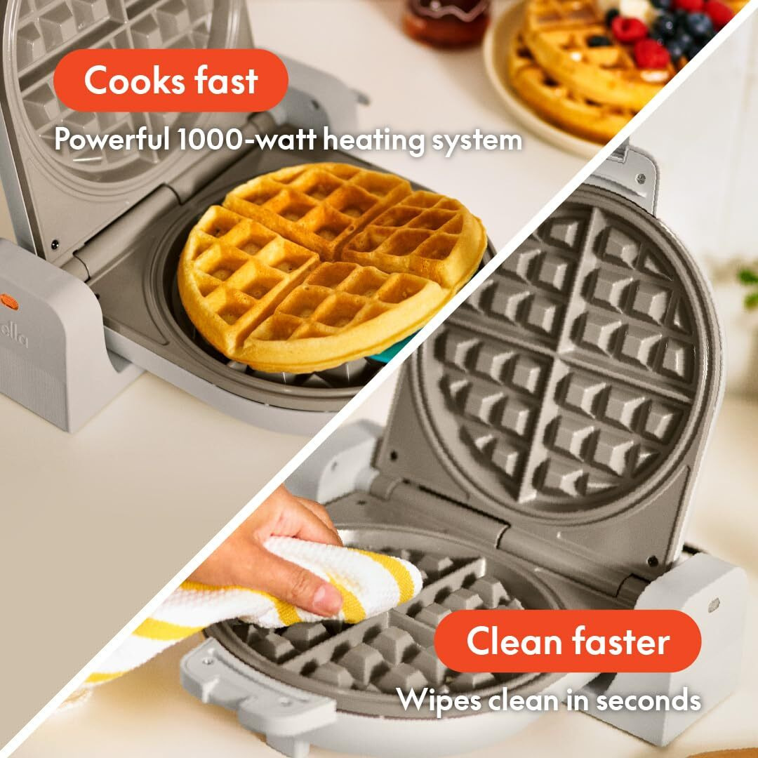 Bella Flip-N-Store Belgian Waffle Maker  Evergood Ceramic Nonstick Coating  Fits-Anywhere Kitchenware  Power Indicator Light & Touch Handle  7  Wide & 1"" Deep Plates  1000 Watt  Oatmilk