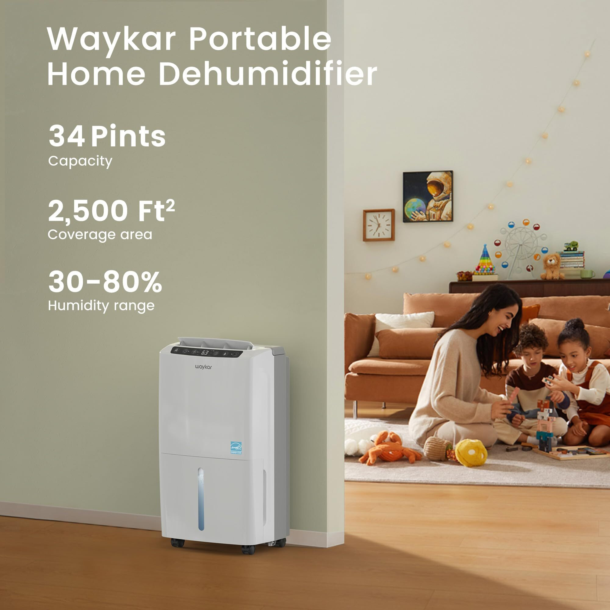 Waykar 2000 Sq. Ft Most Efficient Energy Star 2025 Dehumidifier For Home And Basement With Auto Or Manual Drainage  Quiet 33Db Operation  0.6 Gallon Water Tank Capacity