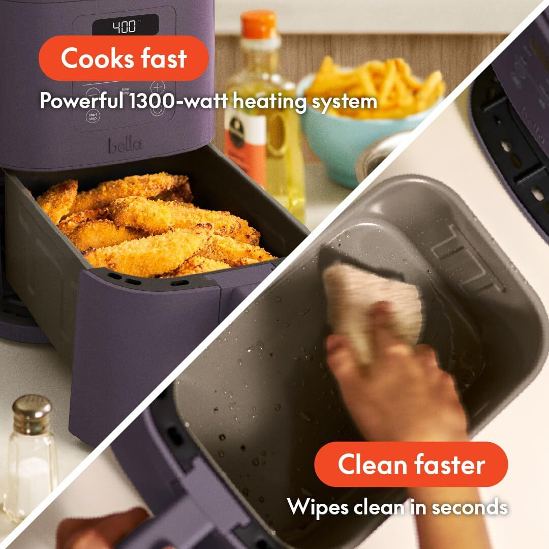 Bella 4Qt Slim Air Fryer  Fits-Anywhere Kitchenware  Evergood Ceramic Nonstick Coating  Adjustable Temperature  6 Preset Cooking Options  60 Min Auto Shutoff W Audible Tone  3.3Lb Capacity  Plum