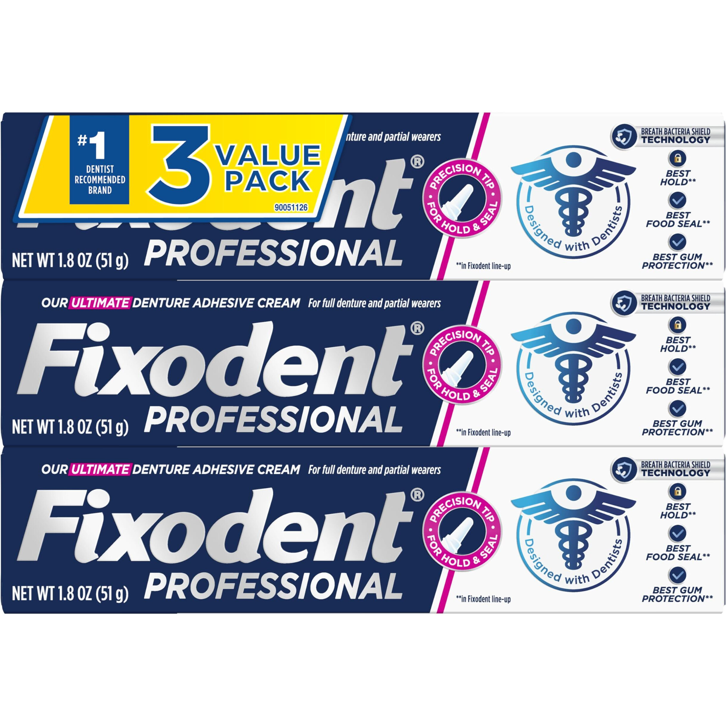 Fixodent Professional Ultimate Denture Adhesive Cream For Full And Partial Dentures  1.8 Oz  3 Pack