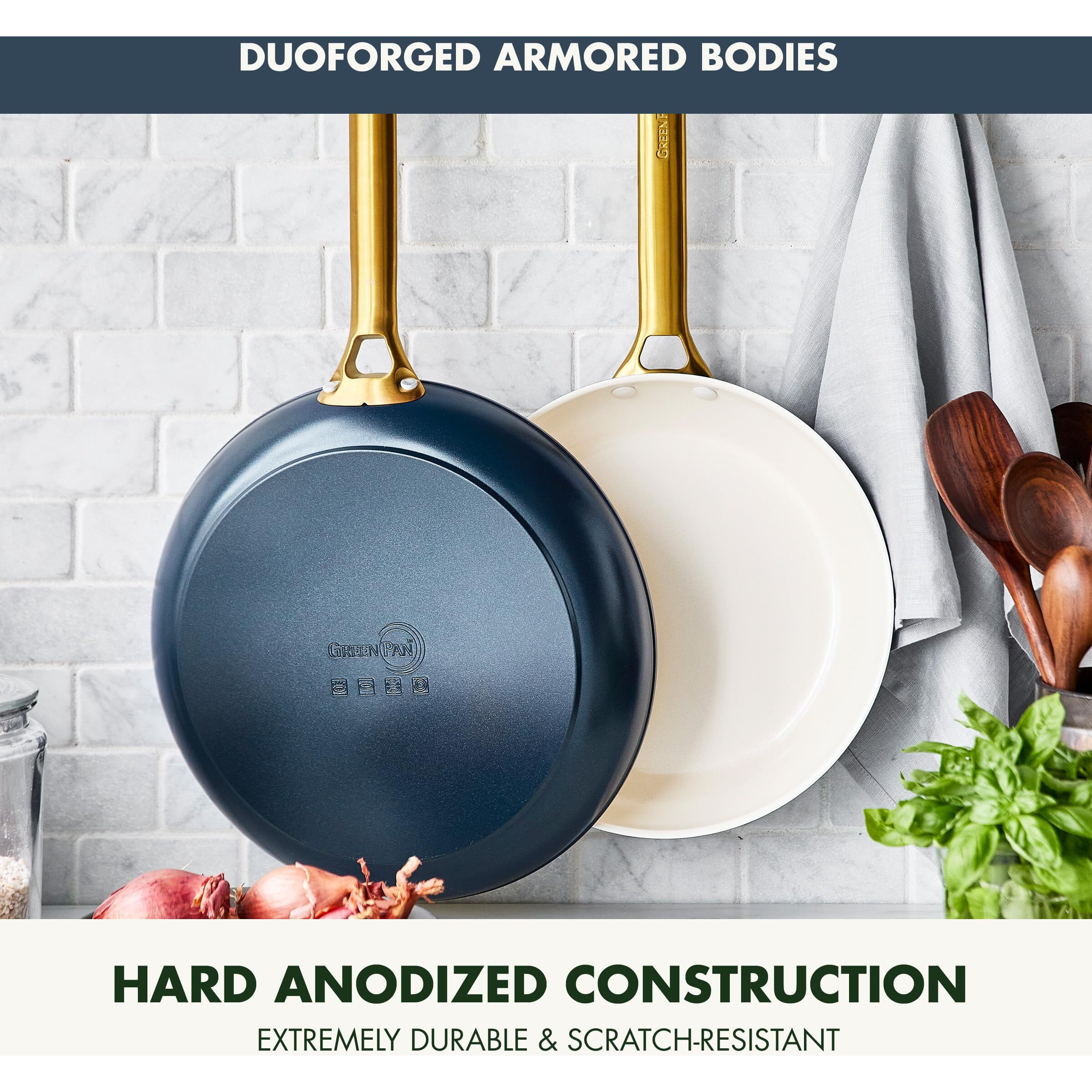 Greenpan Reserve Hard Anodized Healthy Ceramic Nonstick 10"" And 12"" Frying Pan Skillet Set  Gold Handle  Pfas-Free  Dishwasher Safe  Oven Safe  Twilight Blue