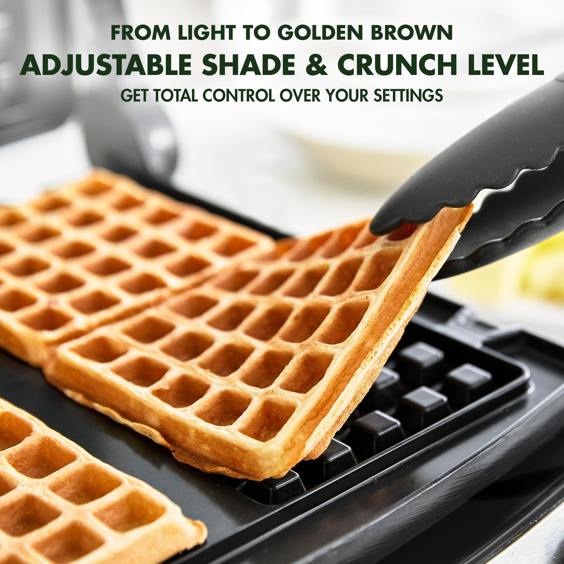 Greenpan Elite 4-Square Belgian & Classic Waffle Iron  Healthy Ceramic Nonstick Aluminum Dishwasher Safe Plates  Adjustable Shade/Crunch Control  Wont Overflow  Easy Cleanup Breakfast  Pfas-Free Black