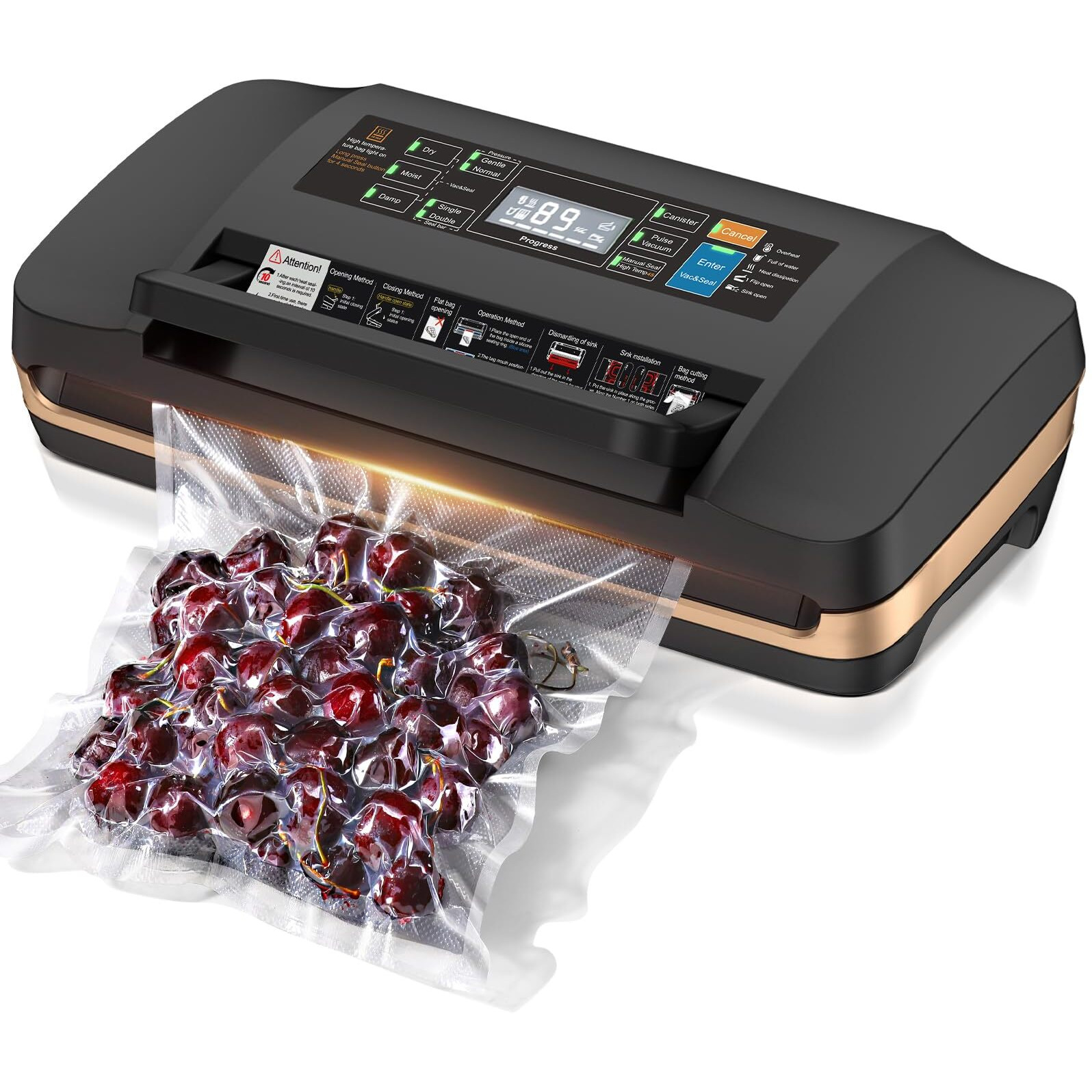 95Kpa Vacuum Sealer Machine Commercial Full Automatic Food Sealer Powerful Sealing System With Double Heat Seal Bags Storage  Easy-Lock Handle Build-In Cutter 1 Bag Rolls And 10 Pcs Pre-Cut Bags