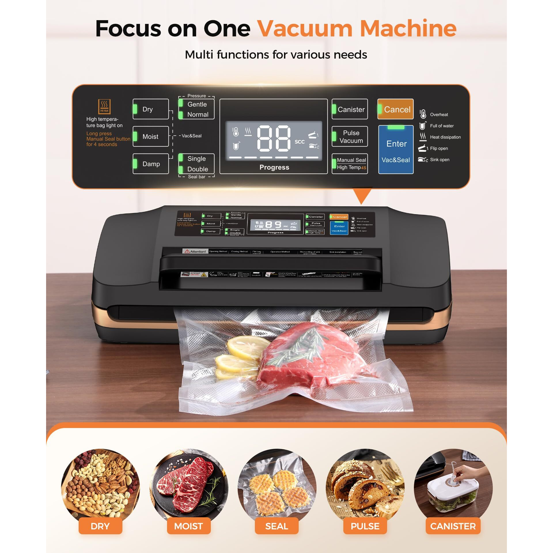 95Kpa Vacuum Sealer Machine Commercial Full Automatic Food Sealer Powerful Sealing System With Double Heat Seal Bags Storage  Easy-Lock Handle Build-In Cutter 1 Bag Rolls And 10 Pcs Pre-Cut Bags
