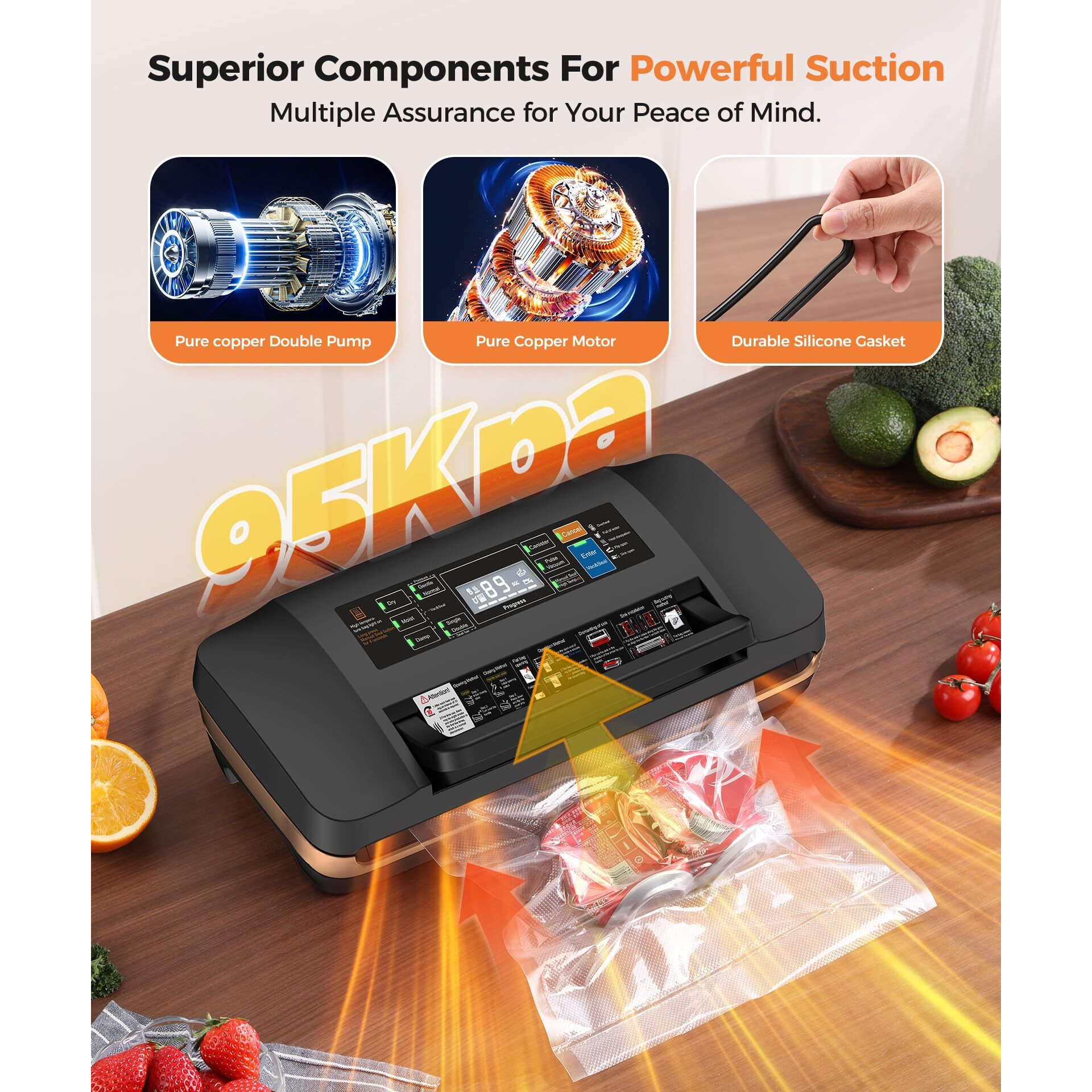 95Kpa Vacuum Sealer Machine Commercial Full Automatic Food Sealer Powerful Sealing System With Double Heat Seal Bags Storage  Easy-Lock Handle Build-In Cutter 1 Bag Rolls And 10 Pcs Pre-Cut Bags