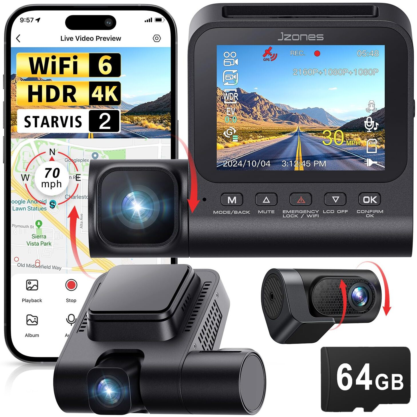 3 Channel 4K Dash Cam  Dash Camera For Cars With Starvis 2 Hdr Night Vision  4K+1080P+1080P Front Inside And Rear Triple Car Camera  Gps  24H Parking Mode  Free 64Gb Card
