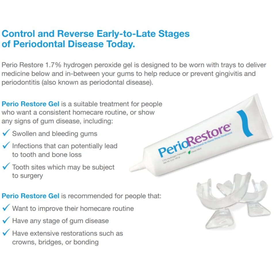 Perio Restore Gel 3 Ounce Tube 1.7% Hydrogen Peroxide Oral Cleansing Treatment Oral Cleansing Gel. Includes Two (2) Trays For Ease Of Application. Mint Flavor  At-Home Treatment
