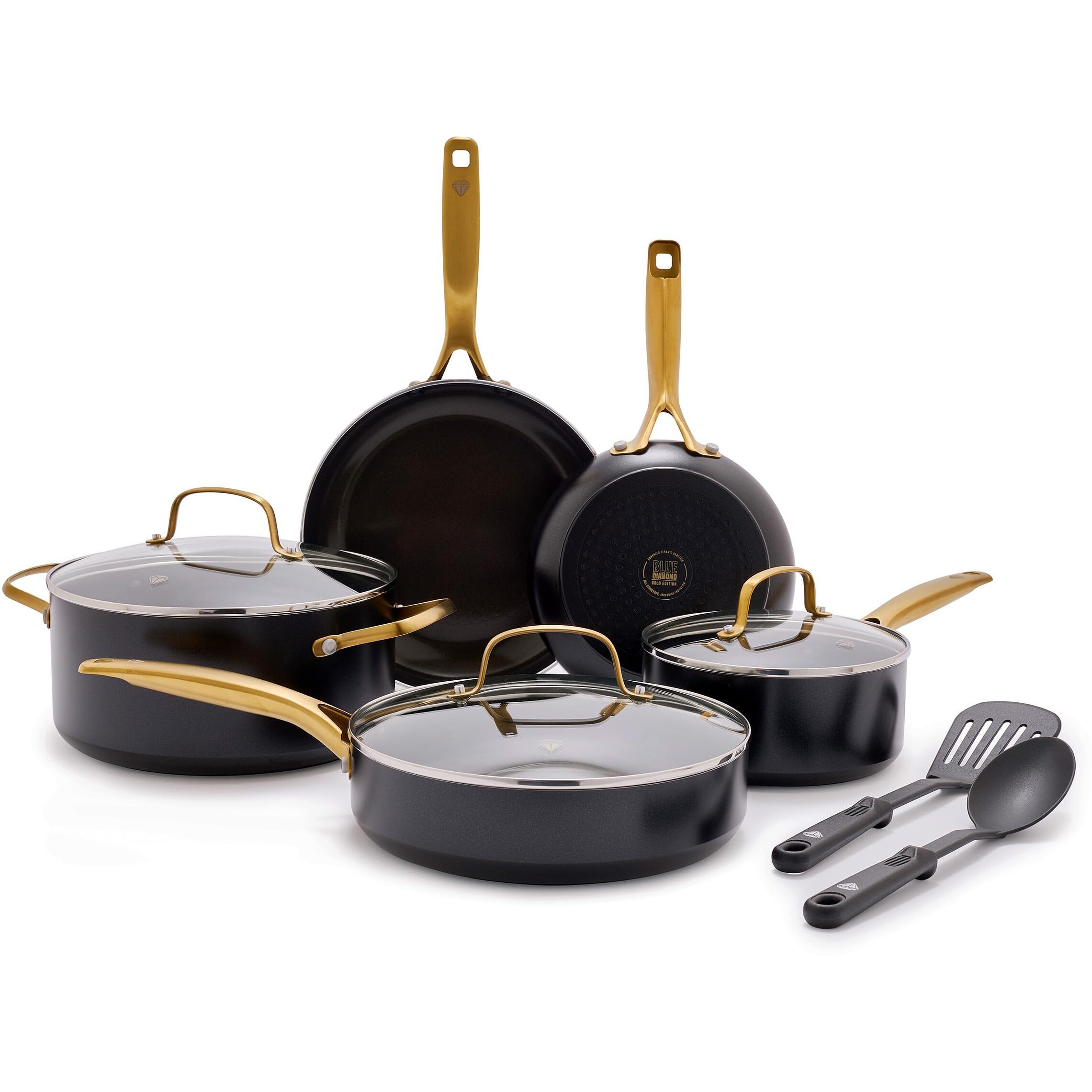 Blue Diamond Gold 10 Piece Cookware Pots And Pans Set  Induction Suitable  Diamond Infused Pfas And Pfoa-Free Ceramic Nonstick  Durable  Metal Utensil Safe  Dishwasher Safe  Gold Handle  Black