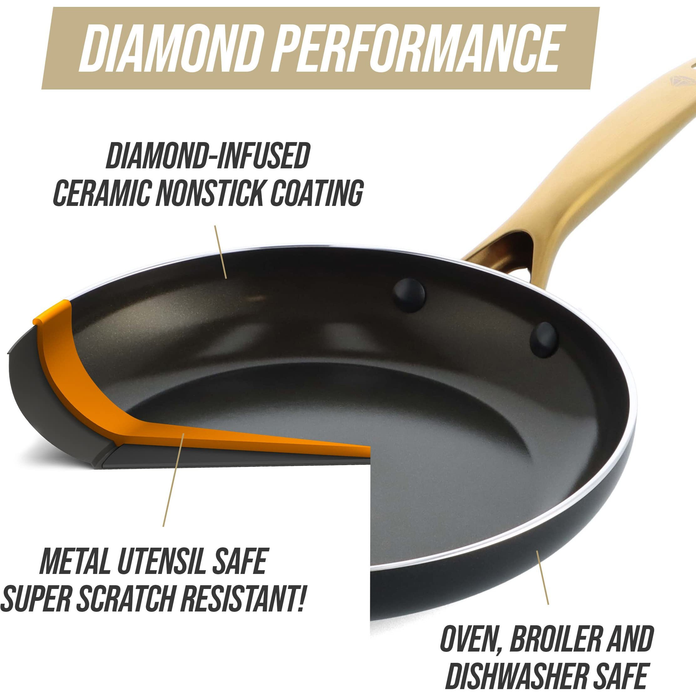 Blue Diamond Gold 10 Piece Cookware Pots And Pans Set  Induction Suitable  Diamond Infused Pfas And Pfoa-Free Ceramic Nonstick  Durable  Metal Utensil Safe  Dishwasher Safe  Gold Handle  Black