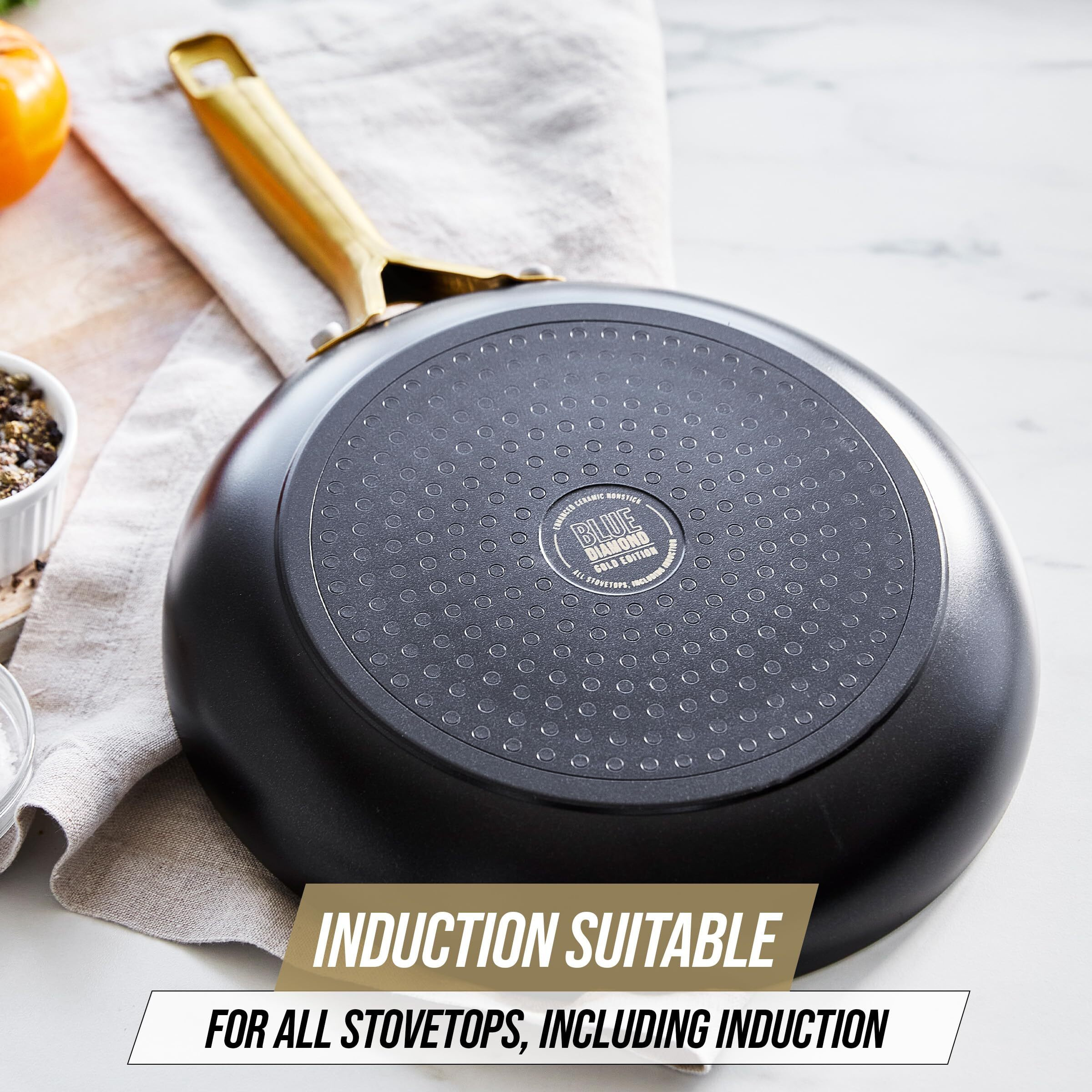 Blue Diamond Gold 10 Piece Cookware Pots And Pans Set  Induction Suitable  Diamond Infused Pfas And Pfoa-Free Ceramic Nonstick  Durable  Metal Utensil Safe  Dishwasher Safe  Gold Handle  Black