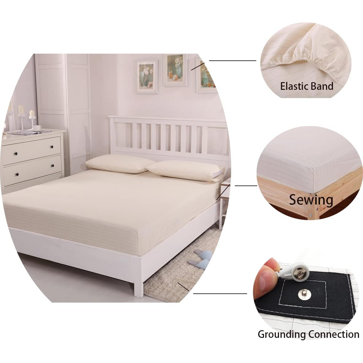 Grounding Fitted Sheet Kit  Grounding Sheets With Silver Fiber  Grounding Cord  Grounding Bed Cover For Efficient Sleep  Reduce Stress Natural Health White (Queen)