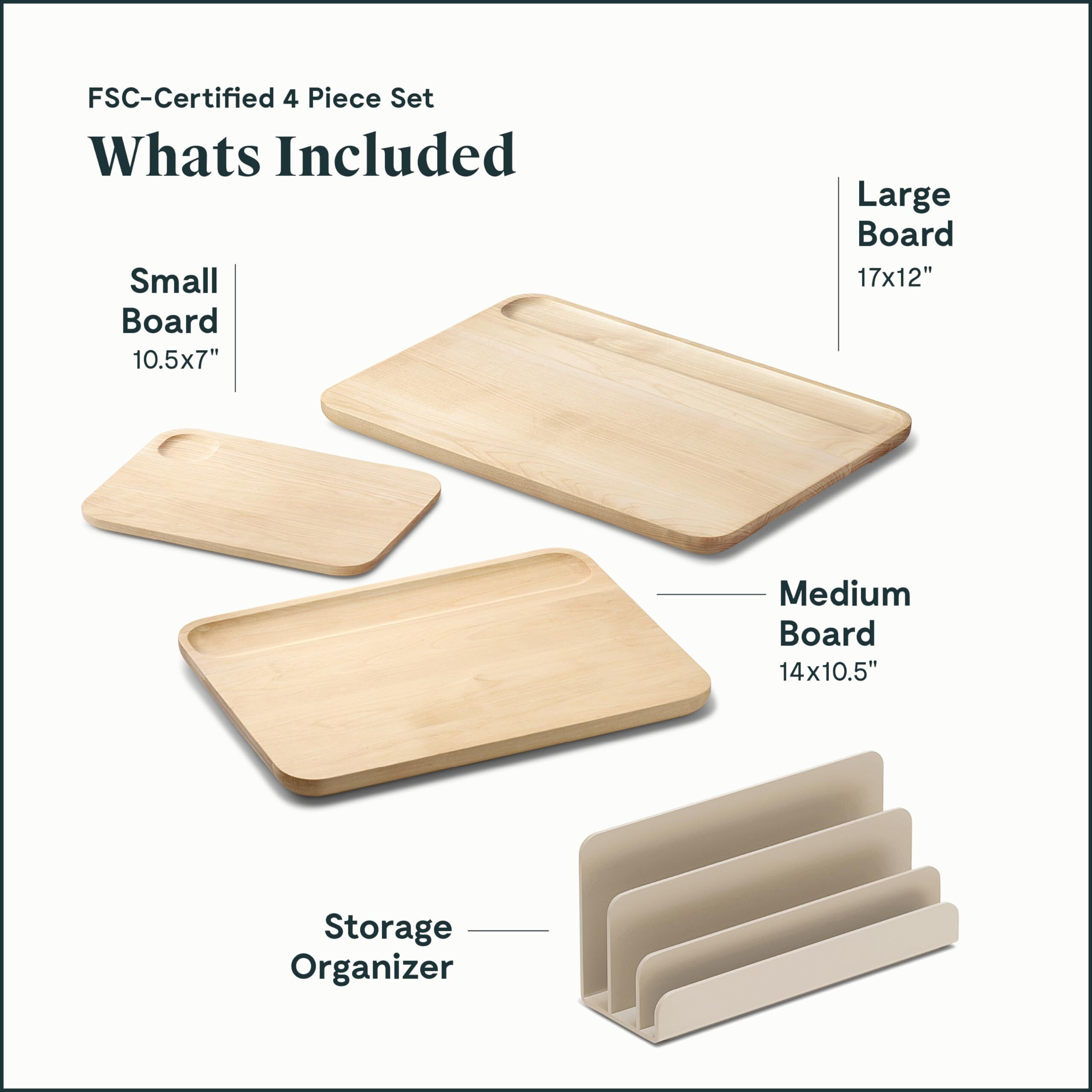 Caraway 4-Piece Double Sided Wood Cutting Board Set - Made From Fsc-Certified Birch Wood - Mineral Oil & Wax Finish - 3 Sizes - Small  Medium  & Large - Storage Organizers Included