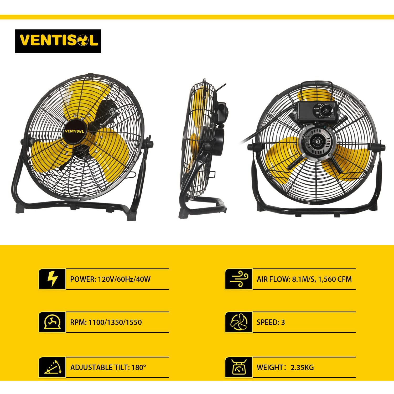 Ventisol 12 Inch 1560 Cfm High Velocity Heavy Duty Floor Fan With 3 Powerful Speeds Portable Metal Fan 180Tilting Quiet Shop Fan For Commercial  Residential  Gym  Home Use- Etl Listed  Black
