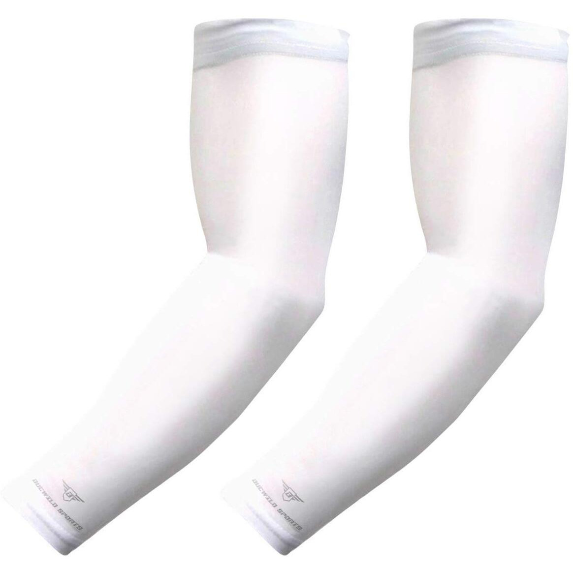 Bucwild 1 Pair Sports Arm Cooling Sun Protection Compression Arm Sleeves - Youth & Adult Sizes - Baseball Basketball Golf Tennis Running (White  Small/Med (Adult)