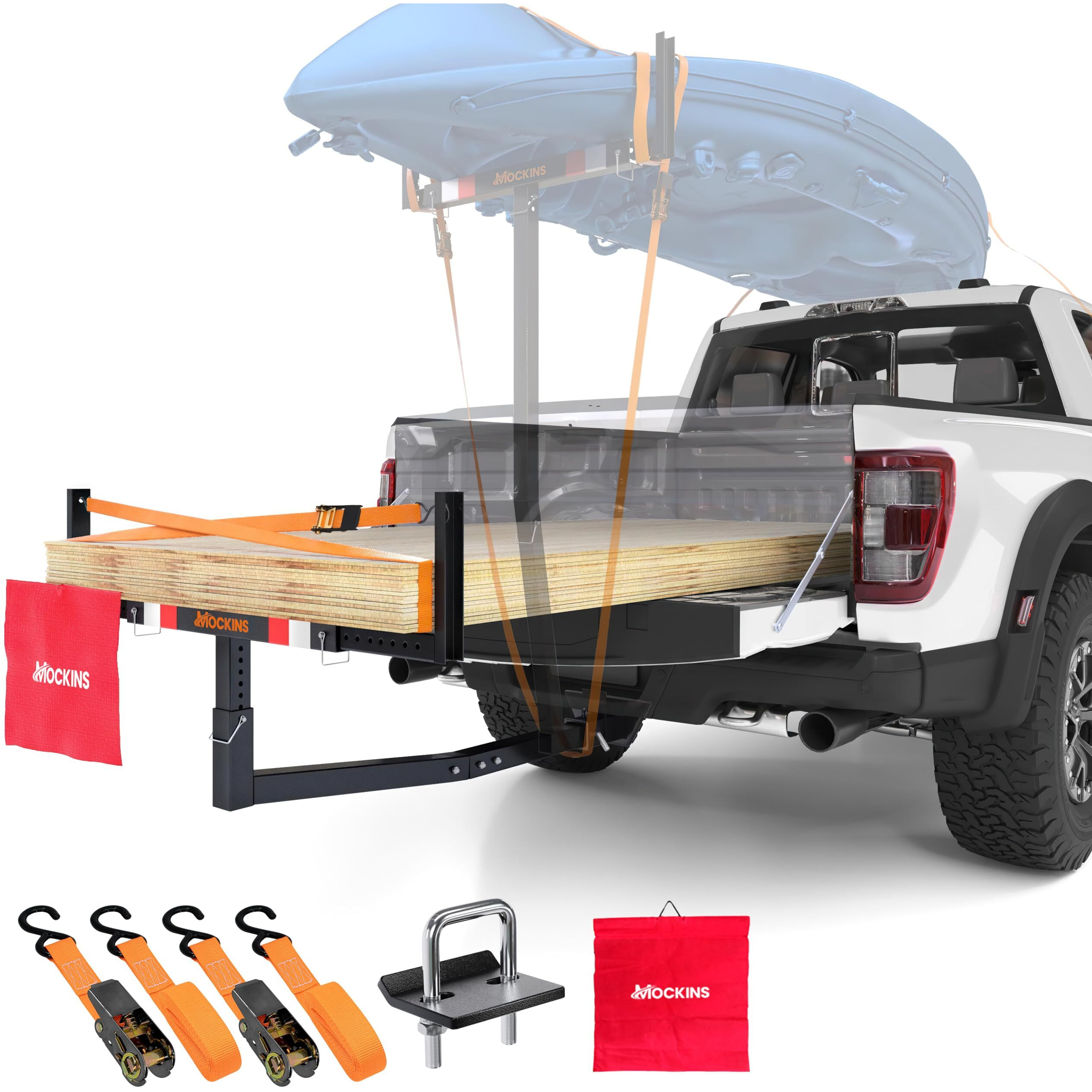 Mockins 750Lbs Cap Truck Bed Extender Hitch Mount |2-In-1 All-Weather Steel Trailer Hitch Extender W/ Stabilizer & Straps| Bed Extenders For Trucks & Suvs For Ladder  Canoe  Pipes  Lumber & Kayak Rack