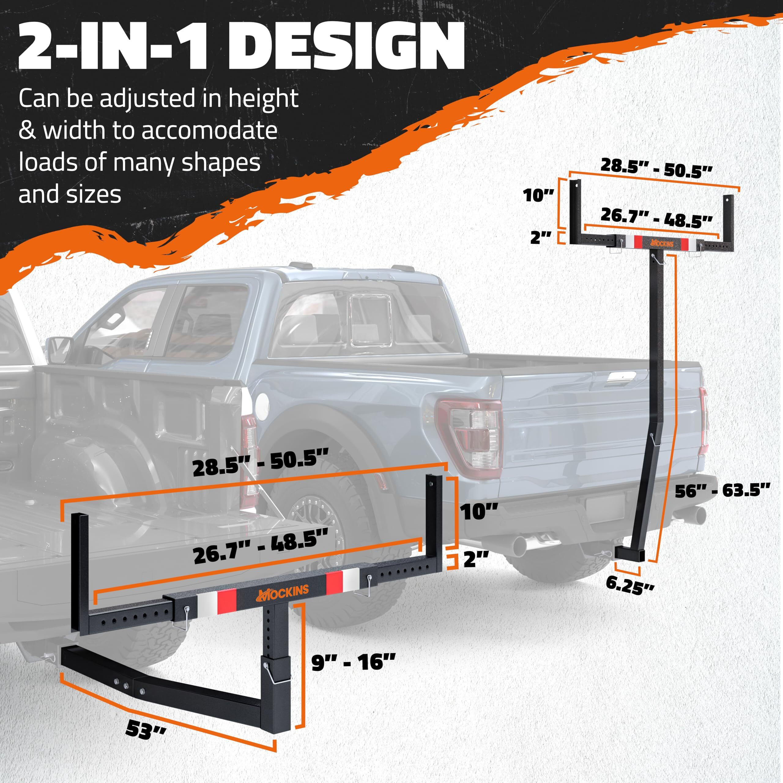 Mockins 750Lbs Cap Truck Bed Extender Hitch Mount |2-In-1 All-Weather Steel Trailer Hitch Extender W/ Stabilizer & Straps| Bed Extenders For Trucks & Suvs For Ladder  Canoe  Pipes  Lumber & Kayak Rack